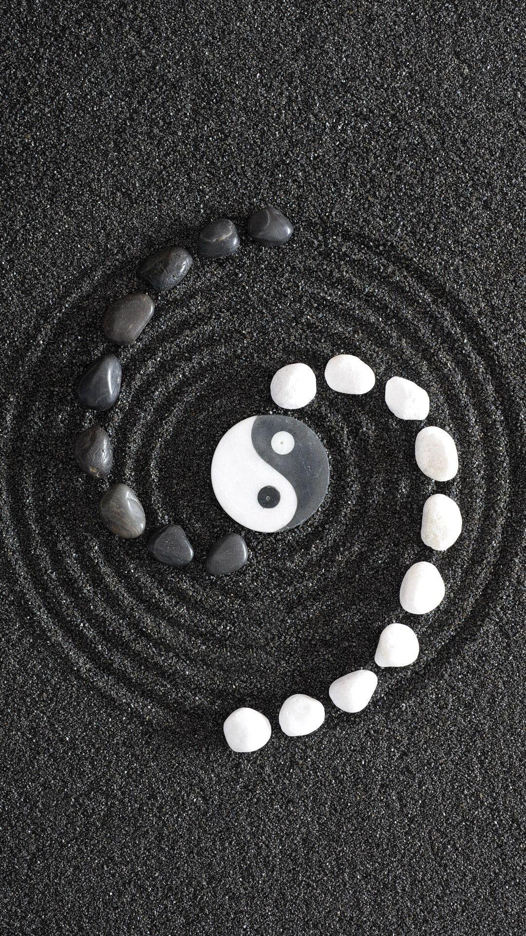 Yin und Yang, Zen-Garten, Steine, Sand, Spirale, Hintergrundbild für iPhone und Android