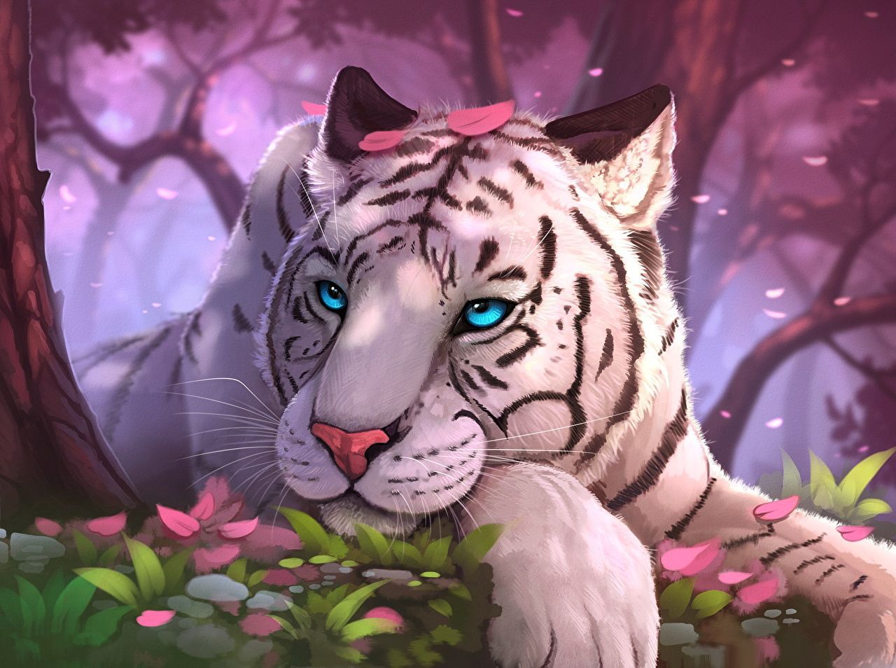 Weißer Tiger, Blaue Augen, Blüten, Illustration, Lila Töne, Hintergrundbild fürs Tablet
