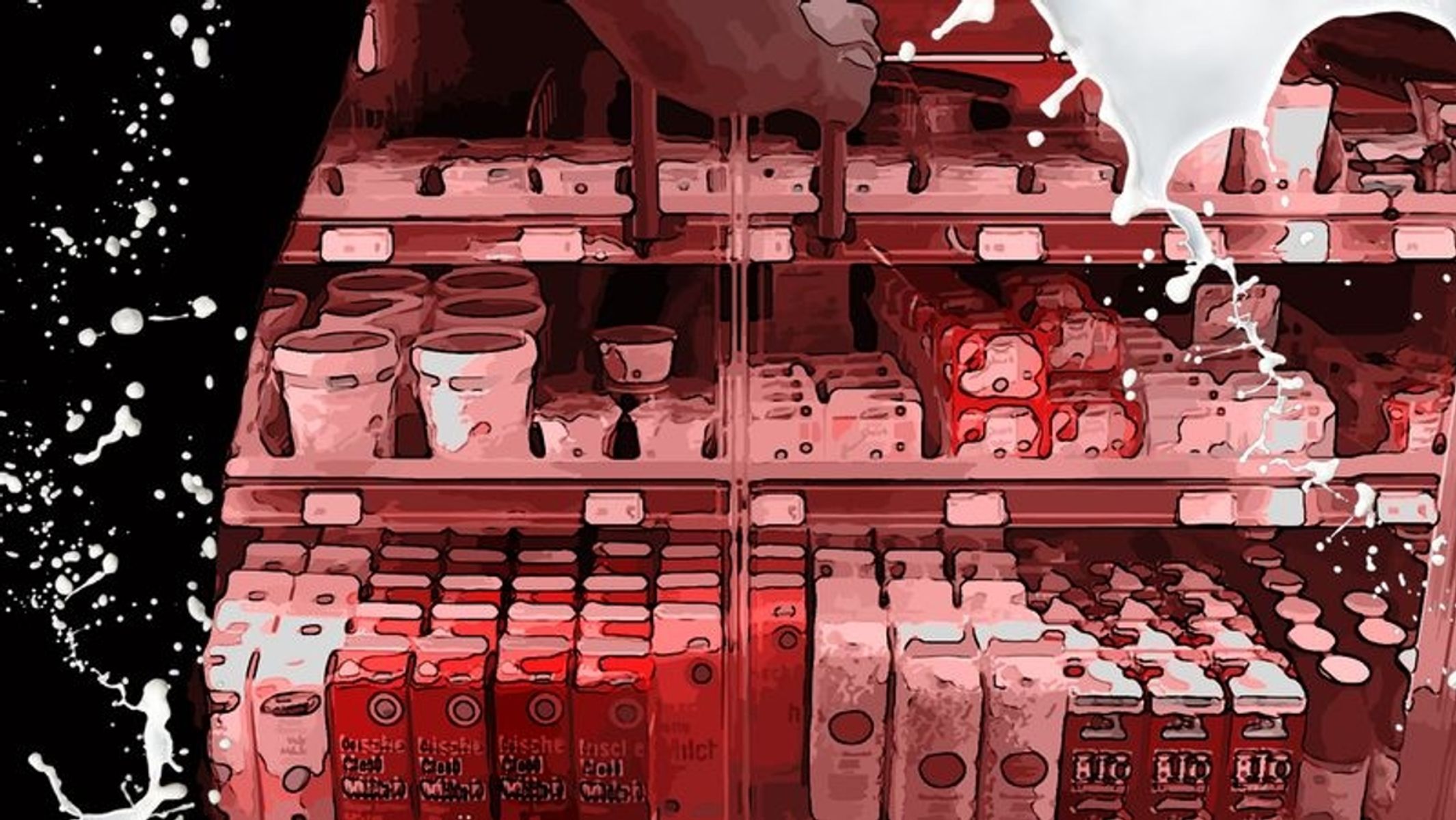 Supermarkt, Kühlregal, Milchprodukte, Farbspritzer, Rot, Full-HD-Hintergrundbild für PC