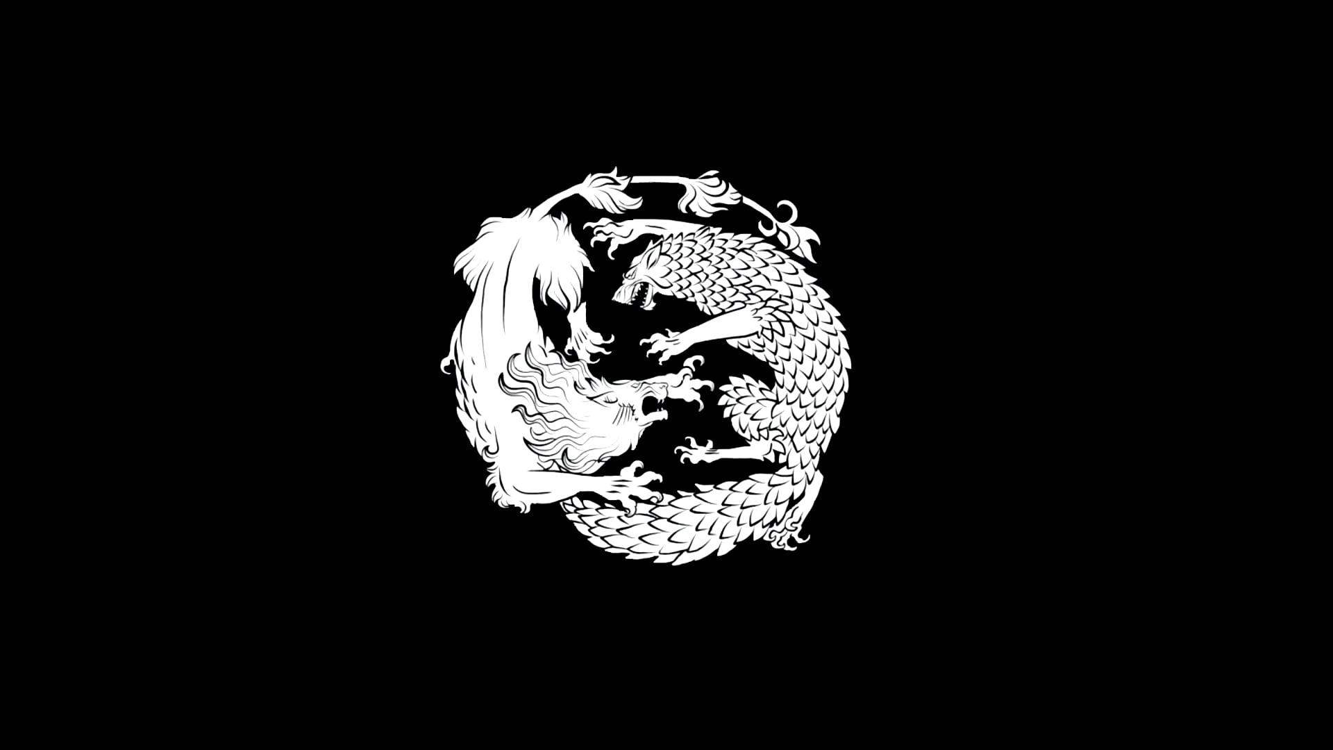 Yin und Yang, Drachen, Tiger, Schwarzer Hintergrund, Linienkunst, Full HD Wallpaper