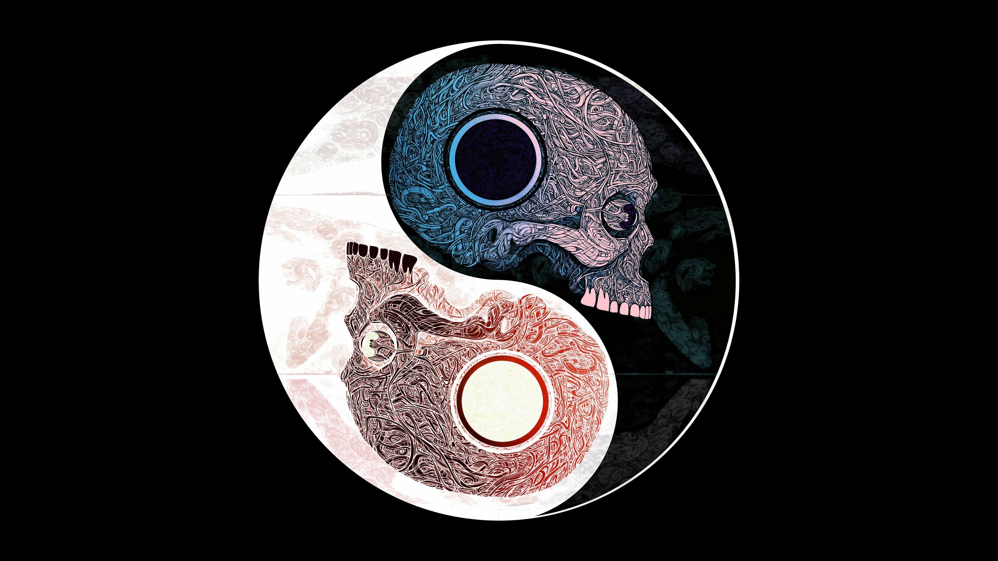 Yin und Yang, Totenkopf, Ornamente, Detailreich, Rot und Blau, 2K, Desktop-Hintergrund