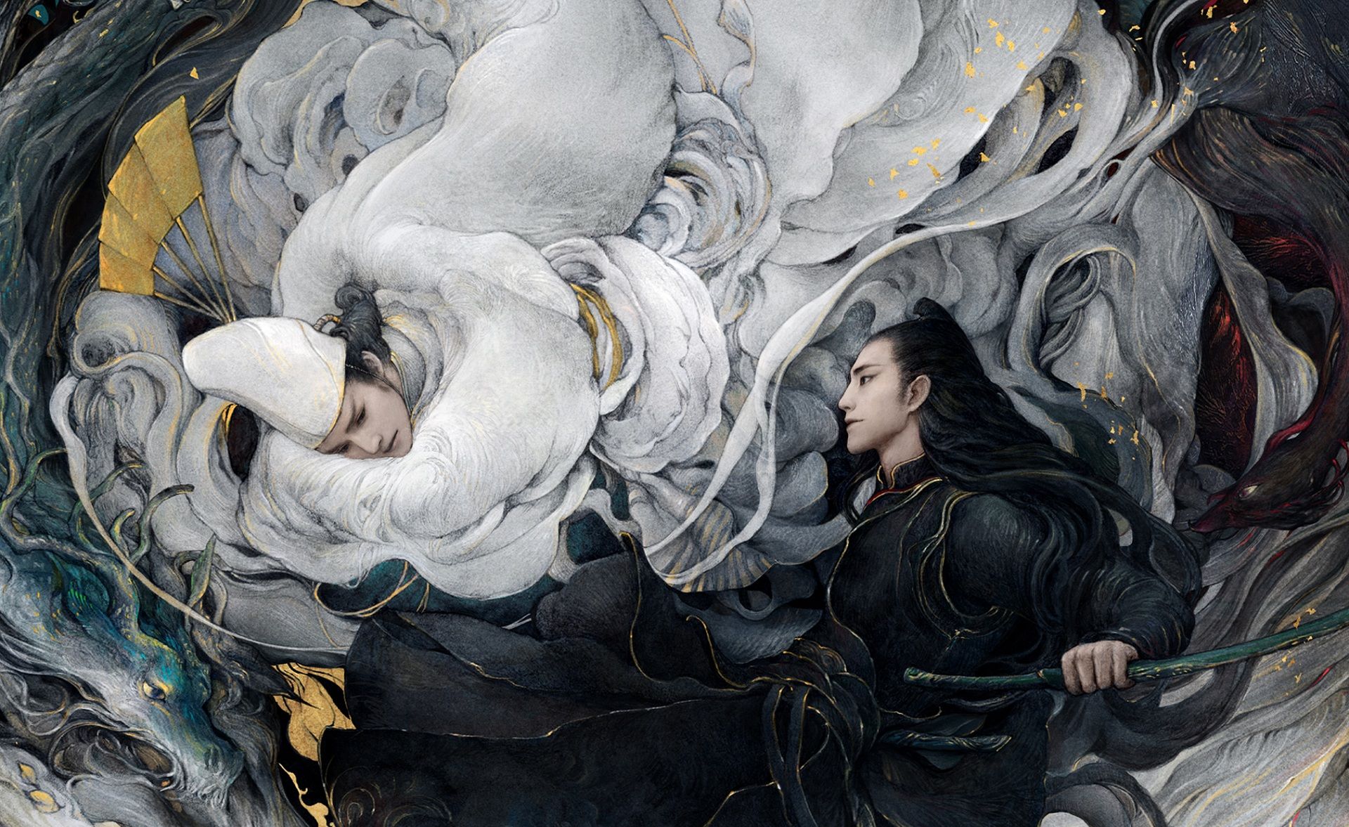 Yin und Yang, Chinesische Fantasy, Weißes Gewand, Schwarzes Gewand, Gemälde, Full-HD-Hintergrundbild
