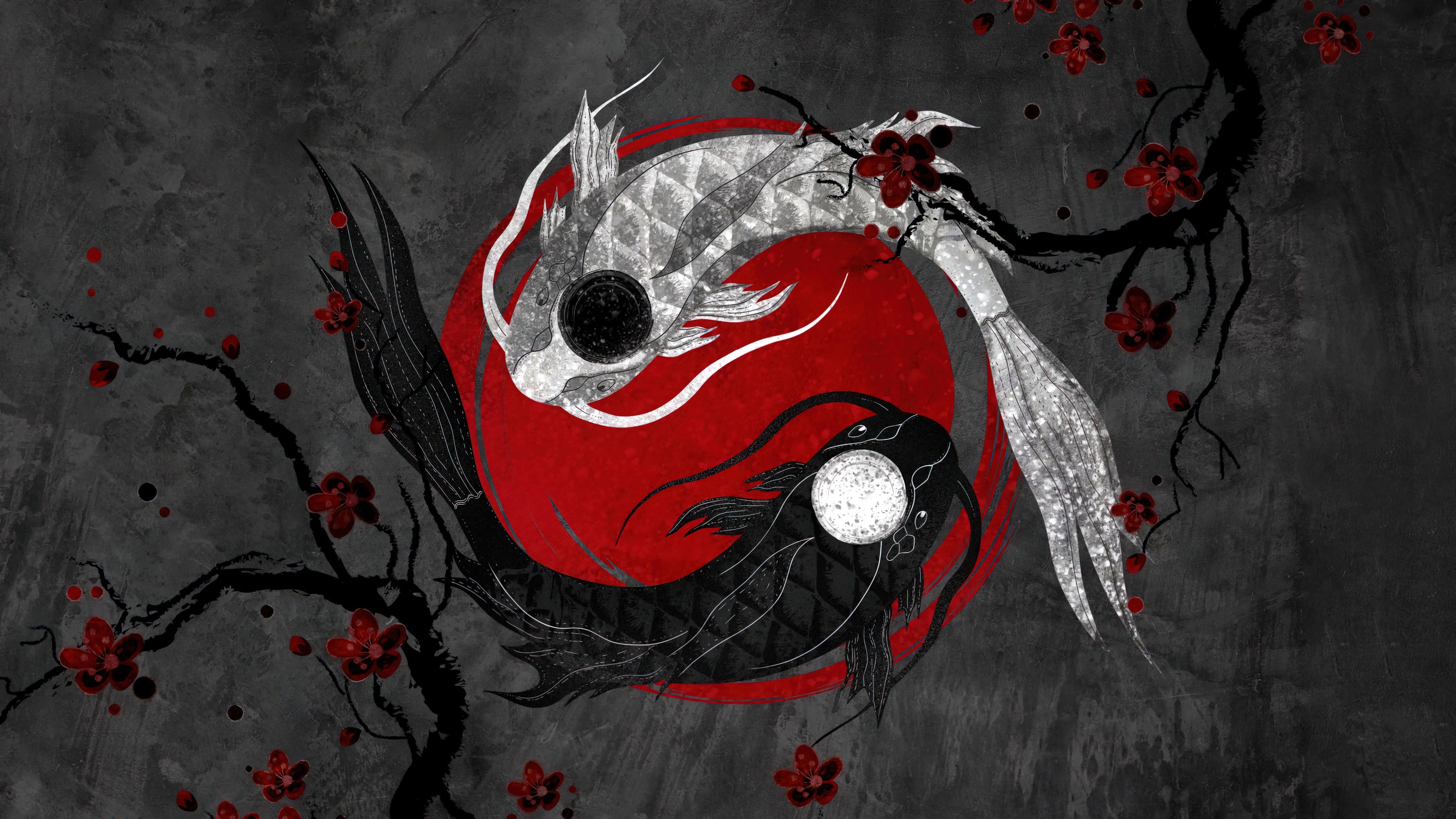 Yin und Yang, Koi-Karpfen, Kirschblüten, Rote Sonne, Asiatische Kunst, 3840x2160, Desktop-Hintergrund