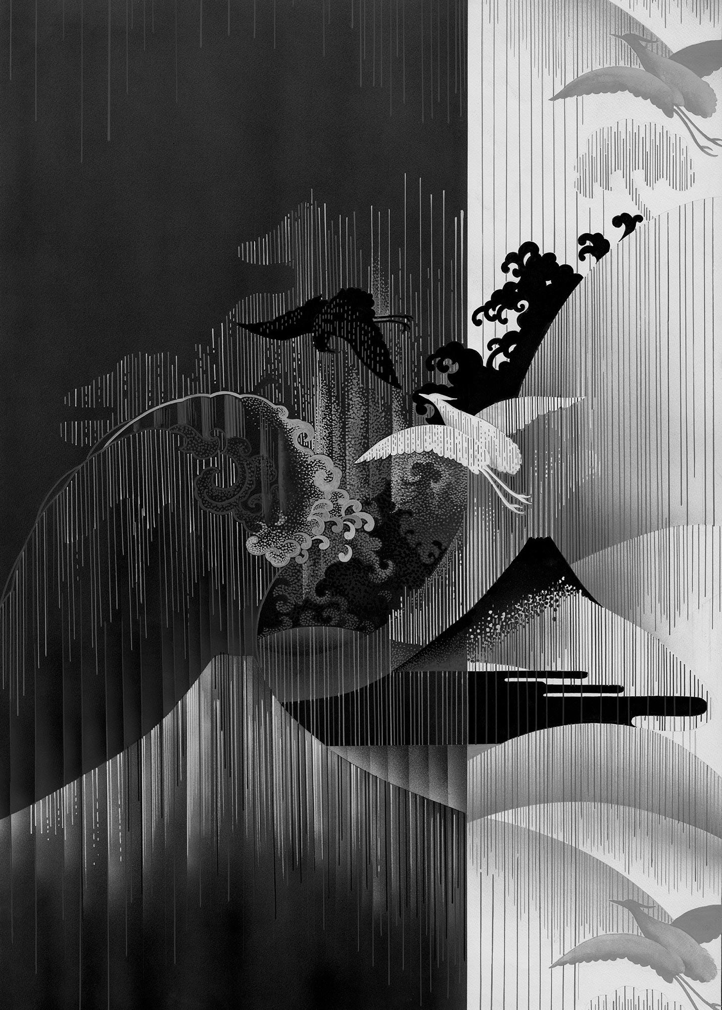 Yin und Yang, Vögel, Berge, Schwarz-Weiß, Abstrakt, Full HD, Hintergrundbild fürs Tablet