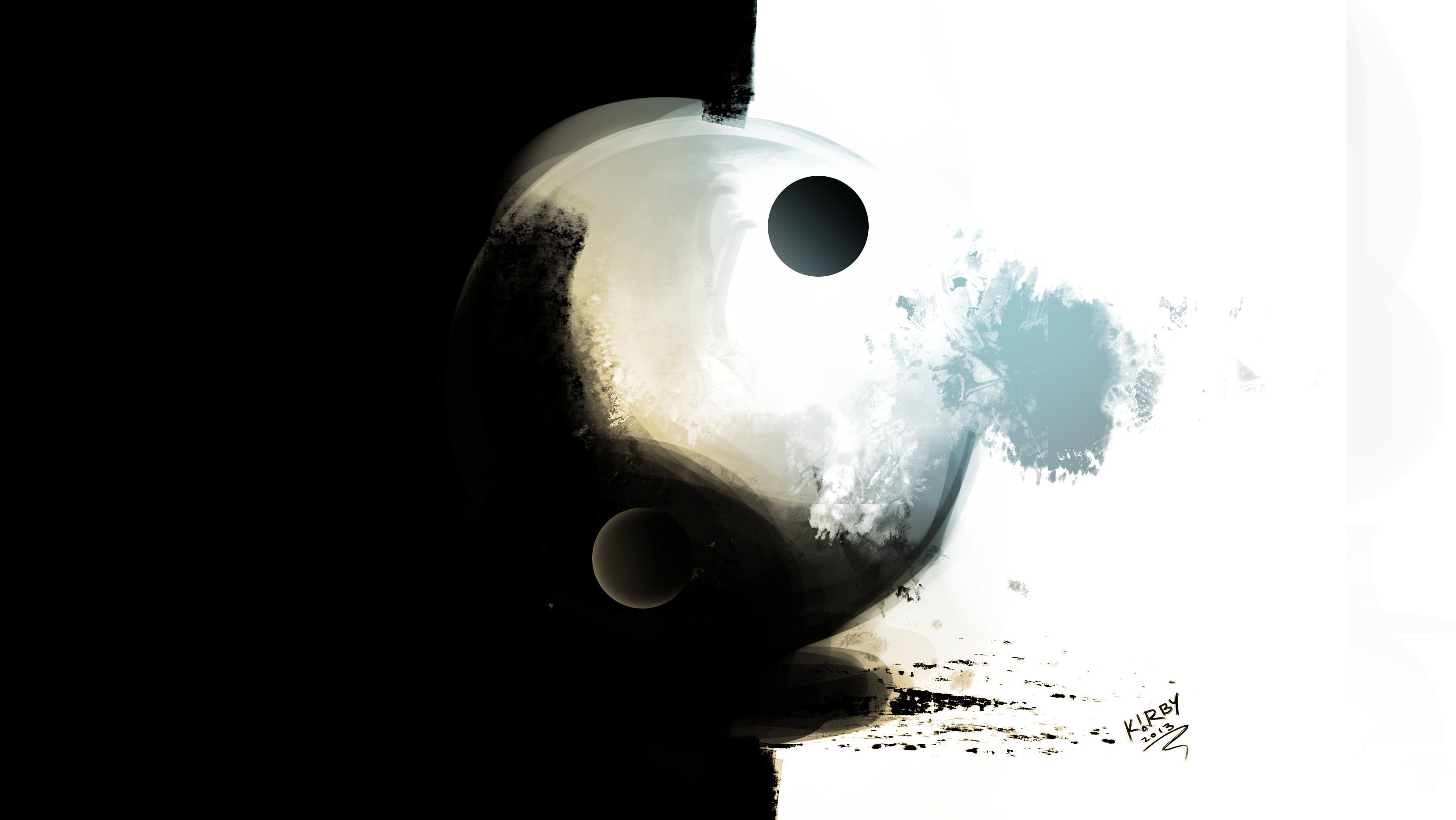 Yin und Yang, Aquarell, Abstrakt, Schwarz-Weiß, Pinselstriche, 2K, Windows-Hintergrundbild