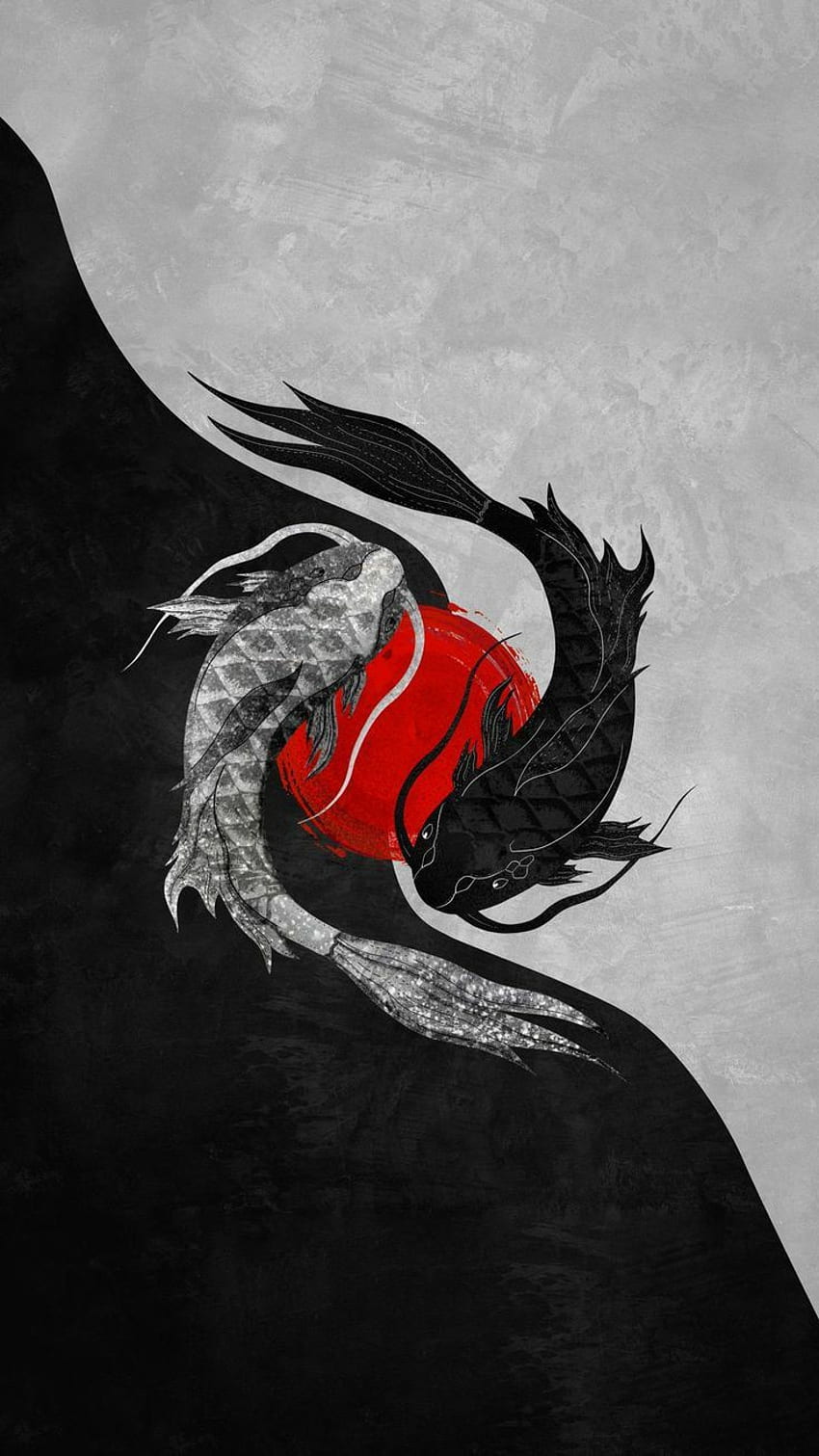 Yin und Yang, Koi-Karpfen, Rot, Grau, Asiatische Kunst, HD, Hintergrundbild fürs Handy