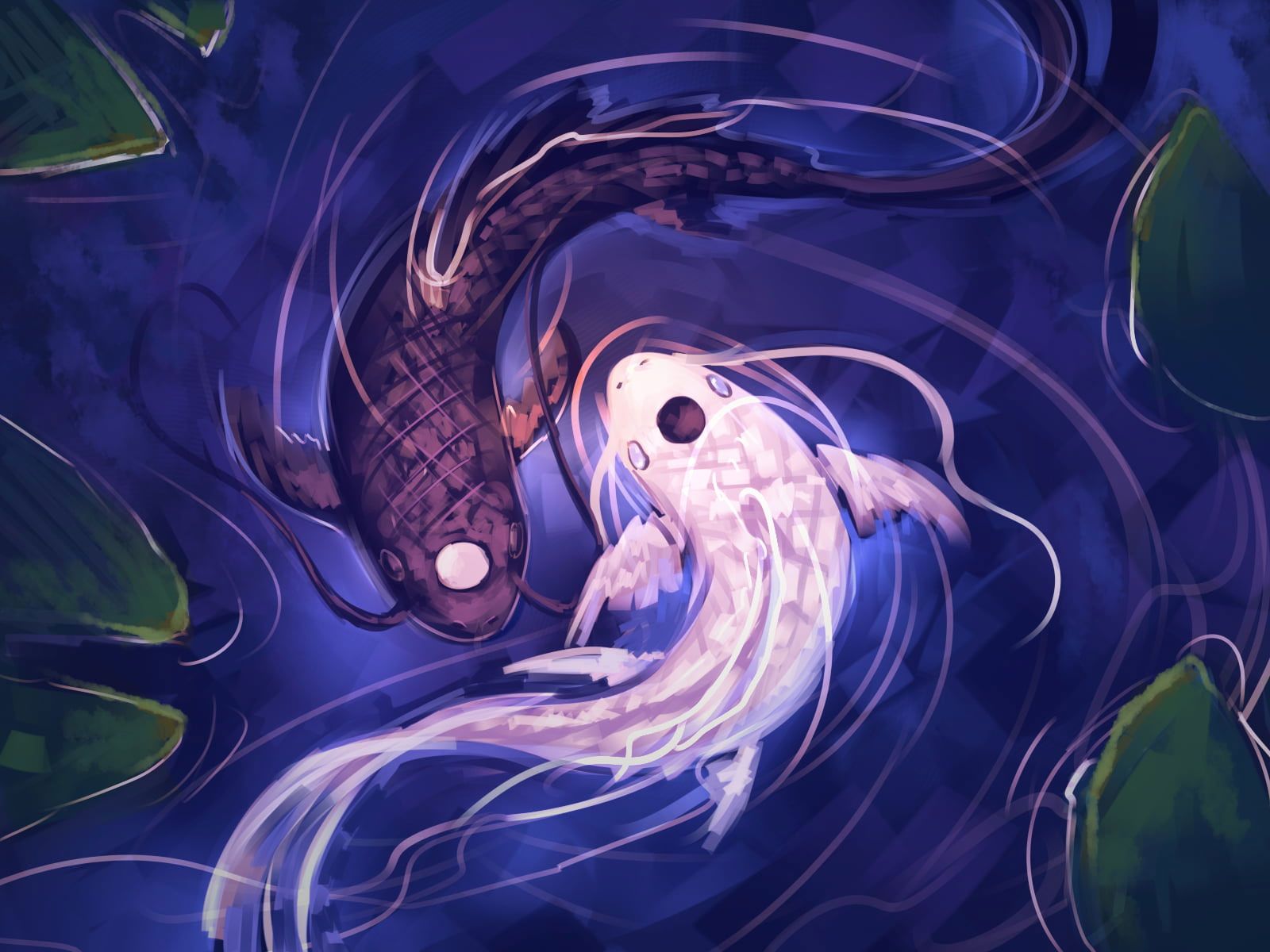Yin und Yang, Koi-Karpfen, Teich, Seerosenblätter, Lila, Gemälde, Hintergrundbild fürs iPad