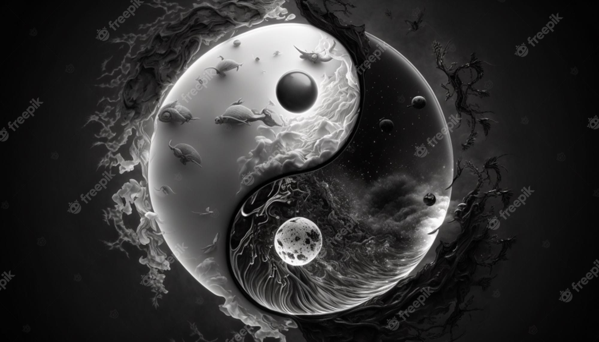 Yin und Yang, Mond, Fantasy, Schwarz-Weiß, Detailreich, Full HD, Desktop-Hintergrund für Windows
