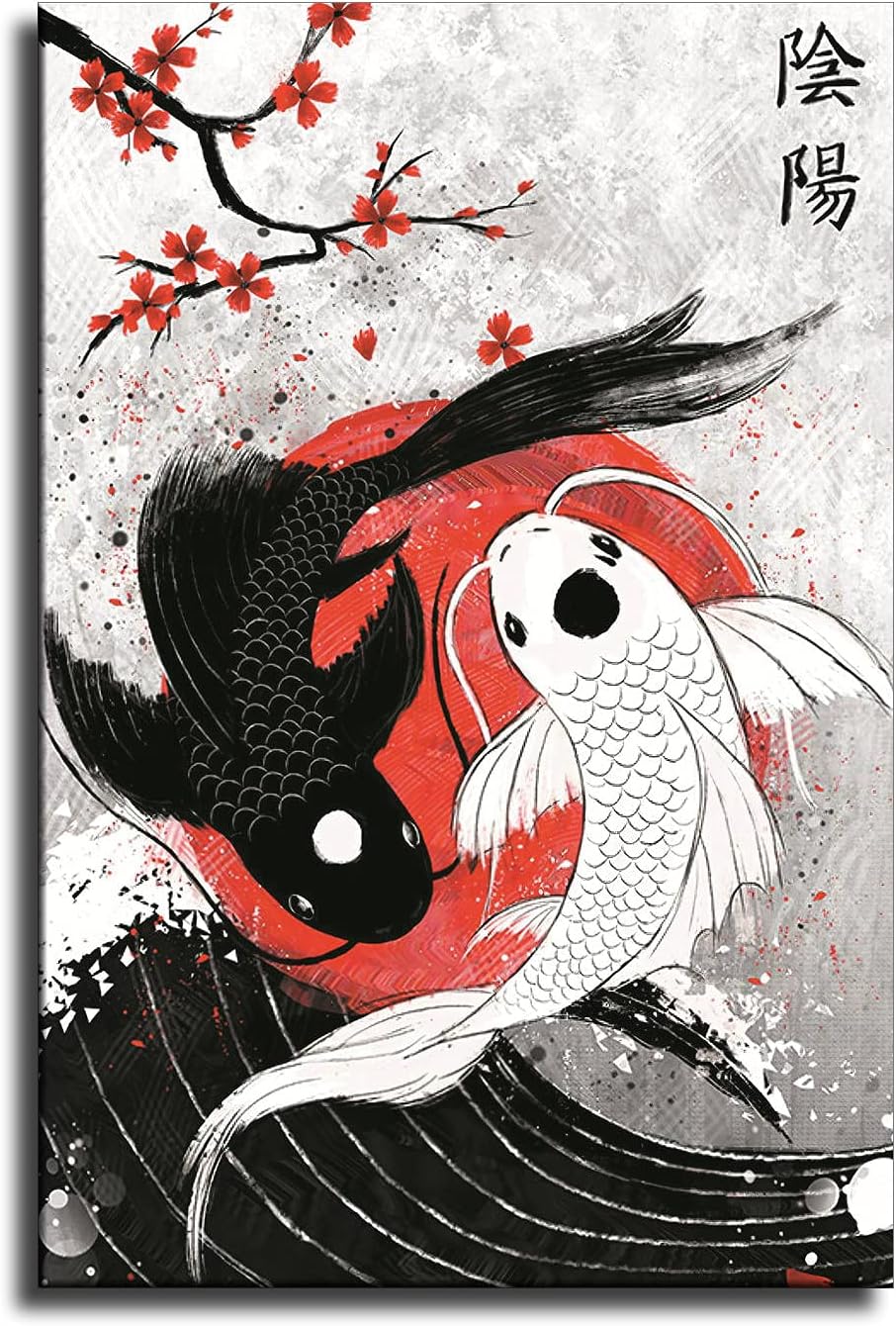 Yin und Yang, Koi-Karpfen, Kirschblüten, Chinesische Schriftzeichen, Asiatische Kunst, HD-Tablet-Hintergrundbild