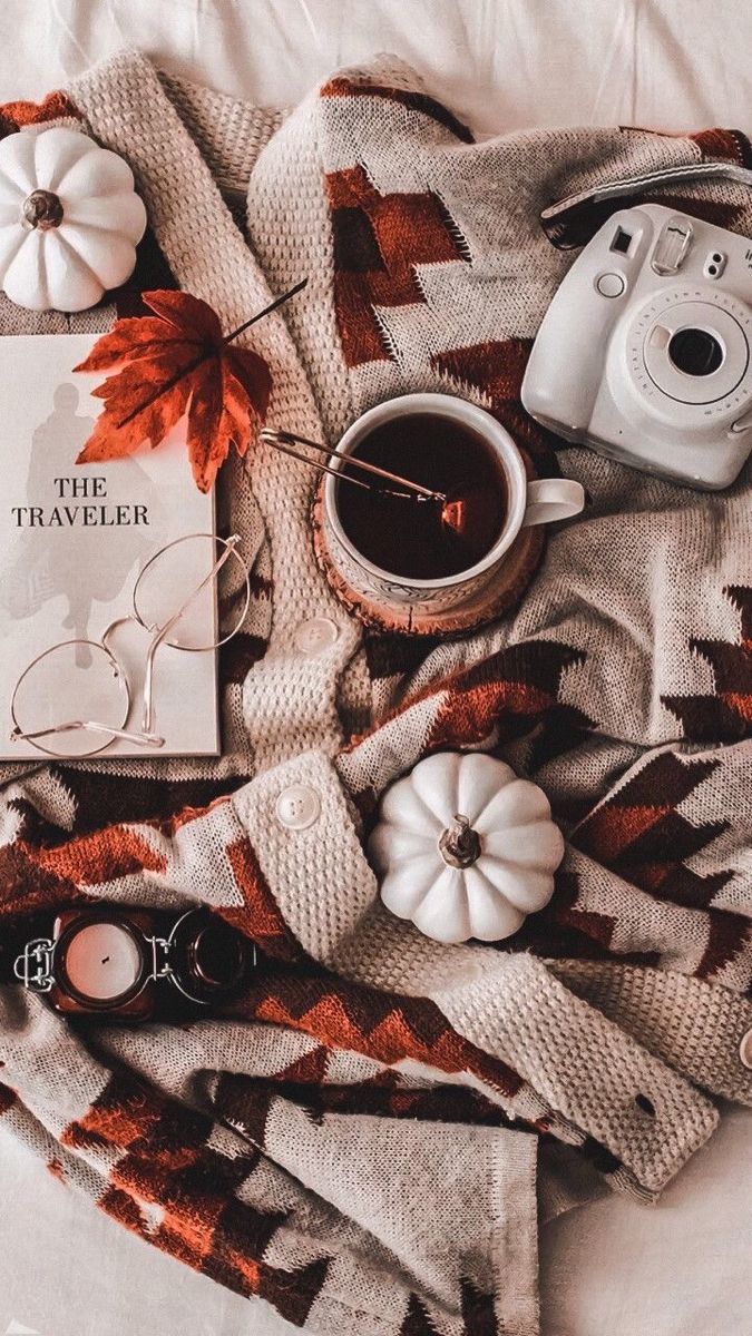 Herbst, Kürbisse, Kaffee, Sofortbildkamera, Decke, Gemütlich, Android-Hintergrundbild