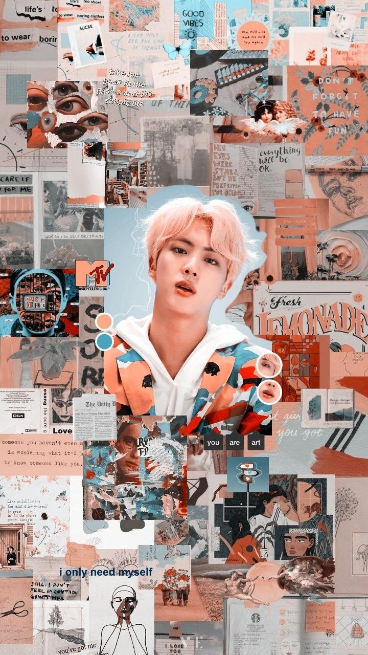 K-Pop-Idol, Collage, Aesthetic, Pfirsich, Blau, HD, Handy-Hintergrund im Hochformat