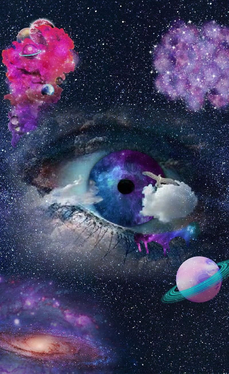 Auge, Planeten, Weltall, Surreal, Collage, Sterne, Rosa Wolken, HD, iPhone-Hintergrundbild