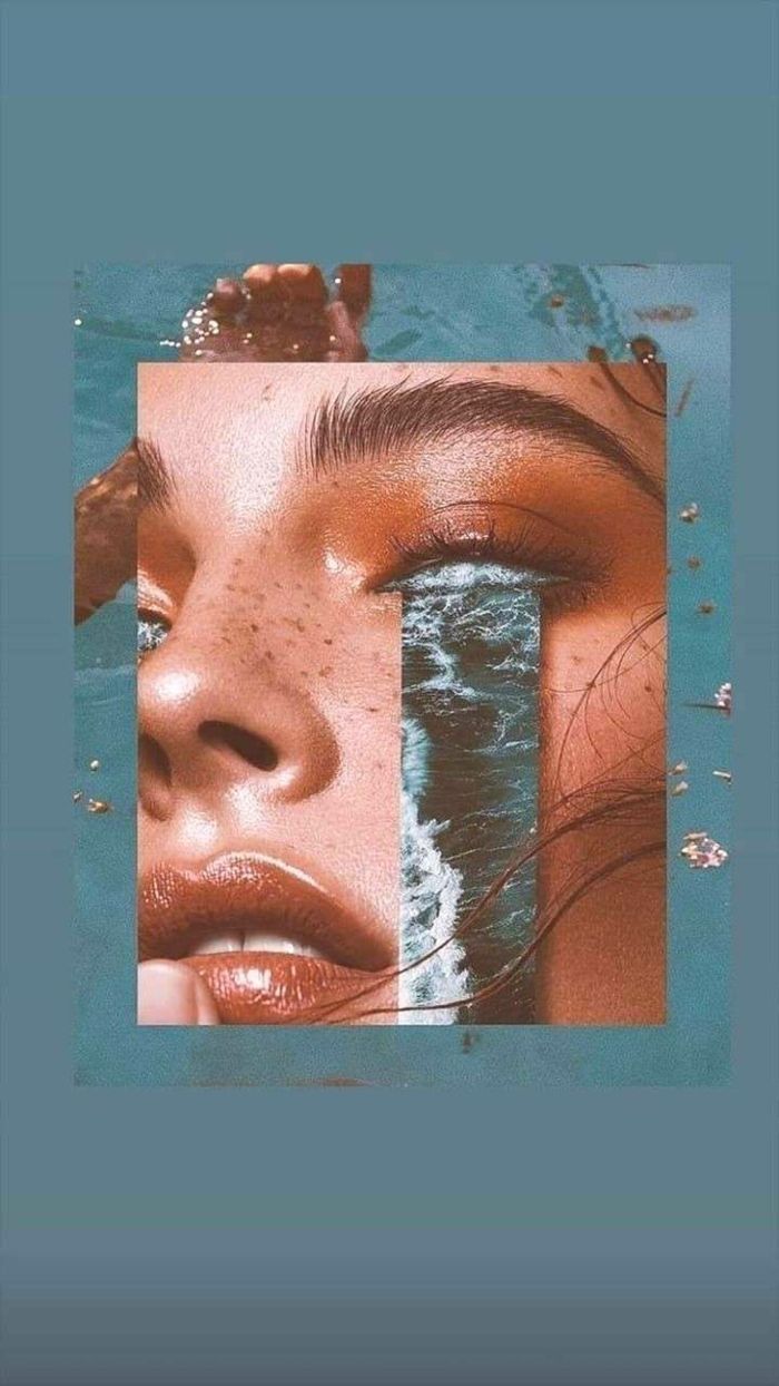 Frauengesicht, Collage, Graublau, Kunst, Porträt, Hochformat, Hintergrundbild fürs Smartphone
