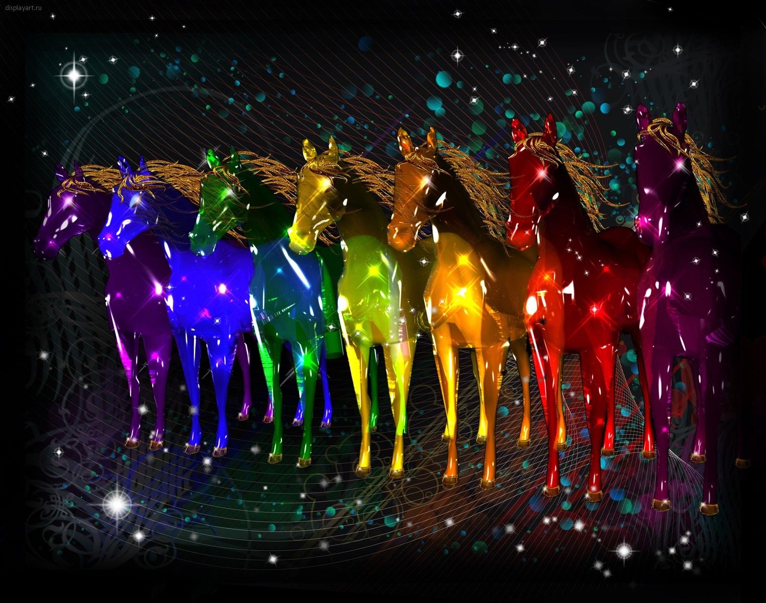 Pferde, Regenbogenfarben, Herde, Sterne, Digitale Kunst, HD, Laptop-Hintergrundbild
