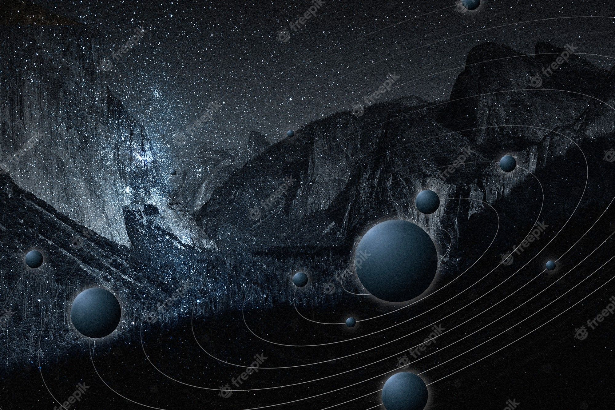 Planeten, Umlaufbahnen, Berge, Dunkel, Surreal, Full HD, Desktop-Hintergrund für Windows