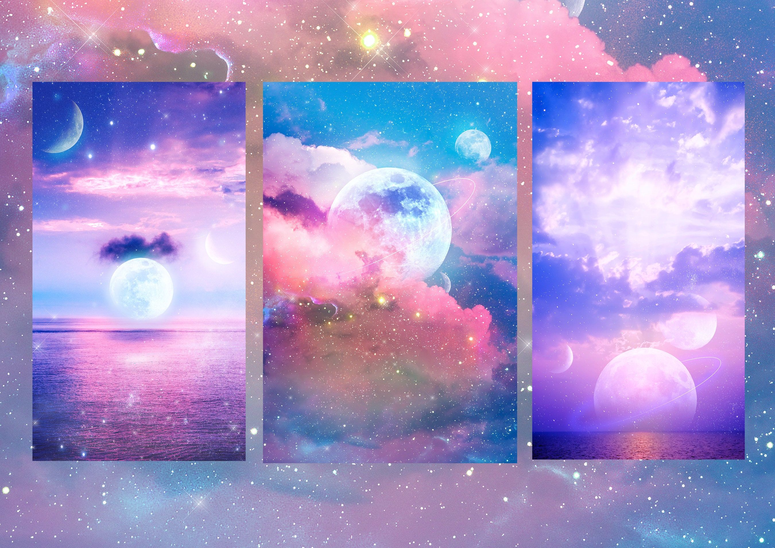Triptychon, Mond, Rosa Wolken, Pastell, Fantasie, 2K, Hintergrund für den Desktop