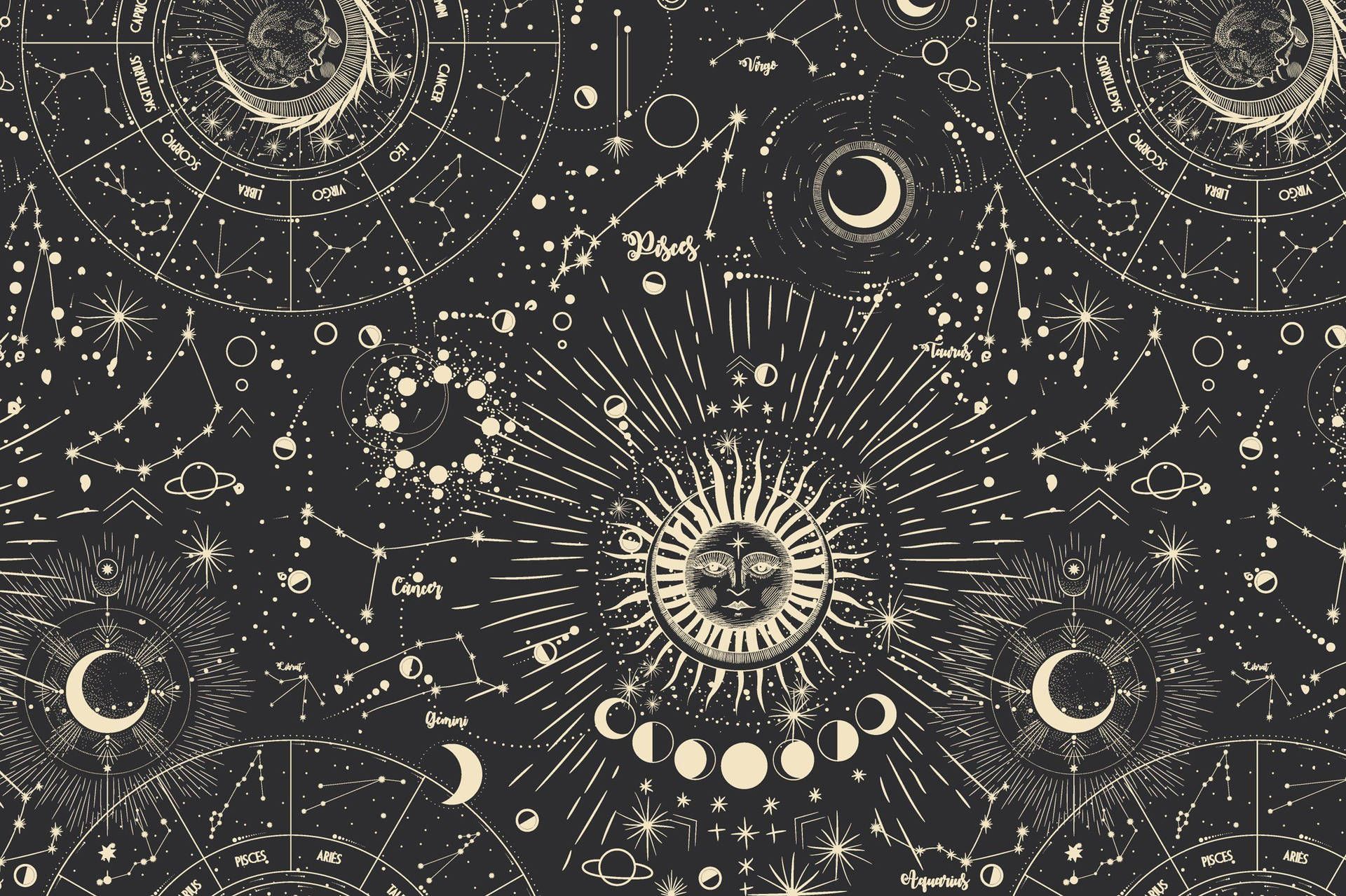 Astrologie, Sonne, Mondphasen, Sternbilder, Vintage, Full HD, Desktop-Hintergrund für Windows