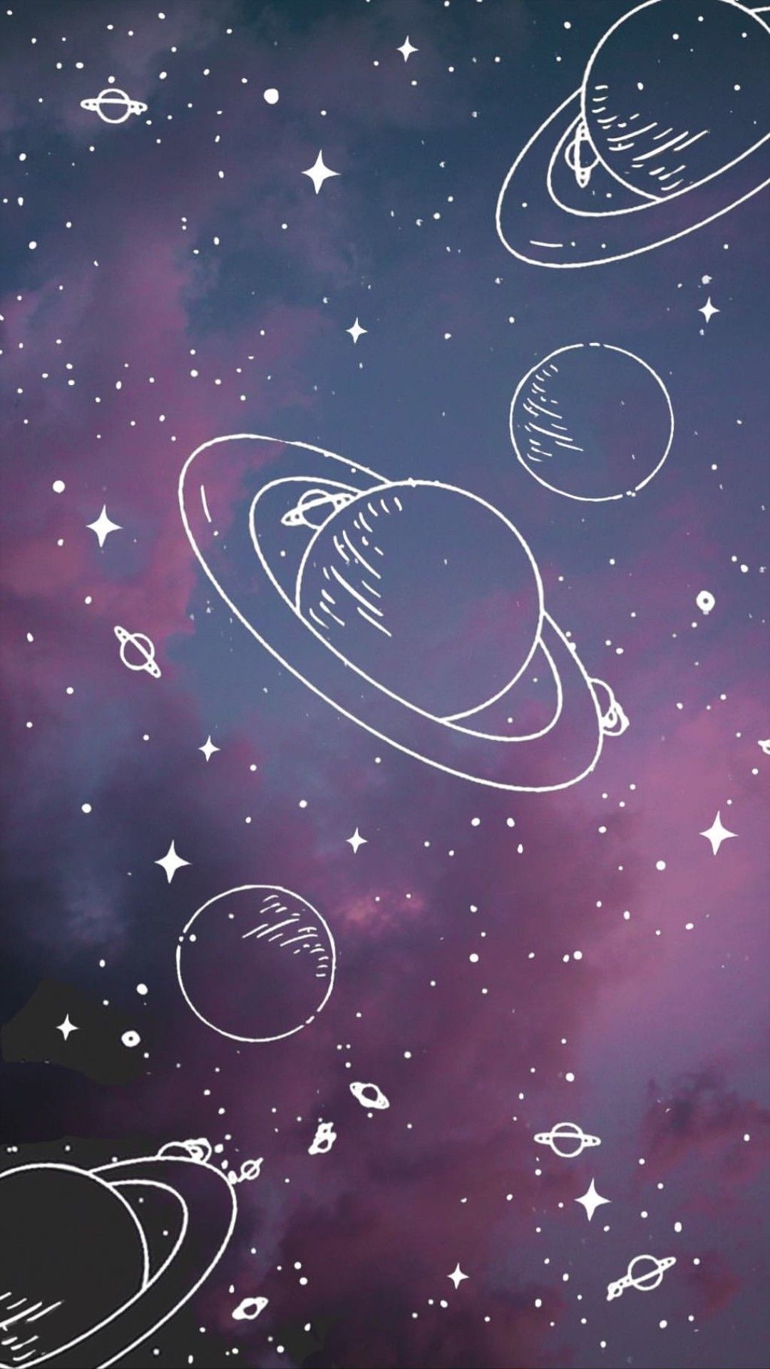 Planeten, Strichzeichnung, Sternenhimmel, Nebel, Rosa, Violett, 1080x1920, Handy-Hintergrund