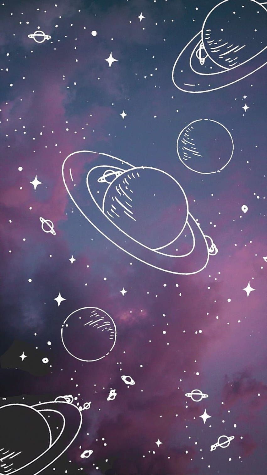 Planeten, Linienzeichnung, Raumschiff, Lila, Sterne, HD, Hintergrundbild fürs Handy