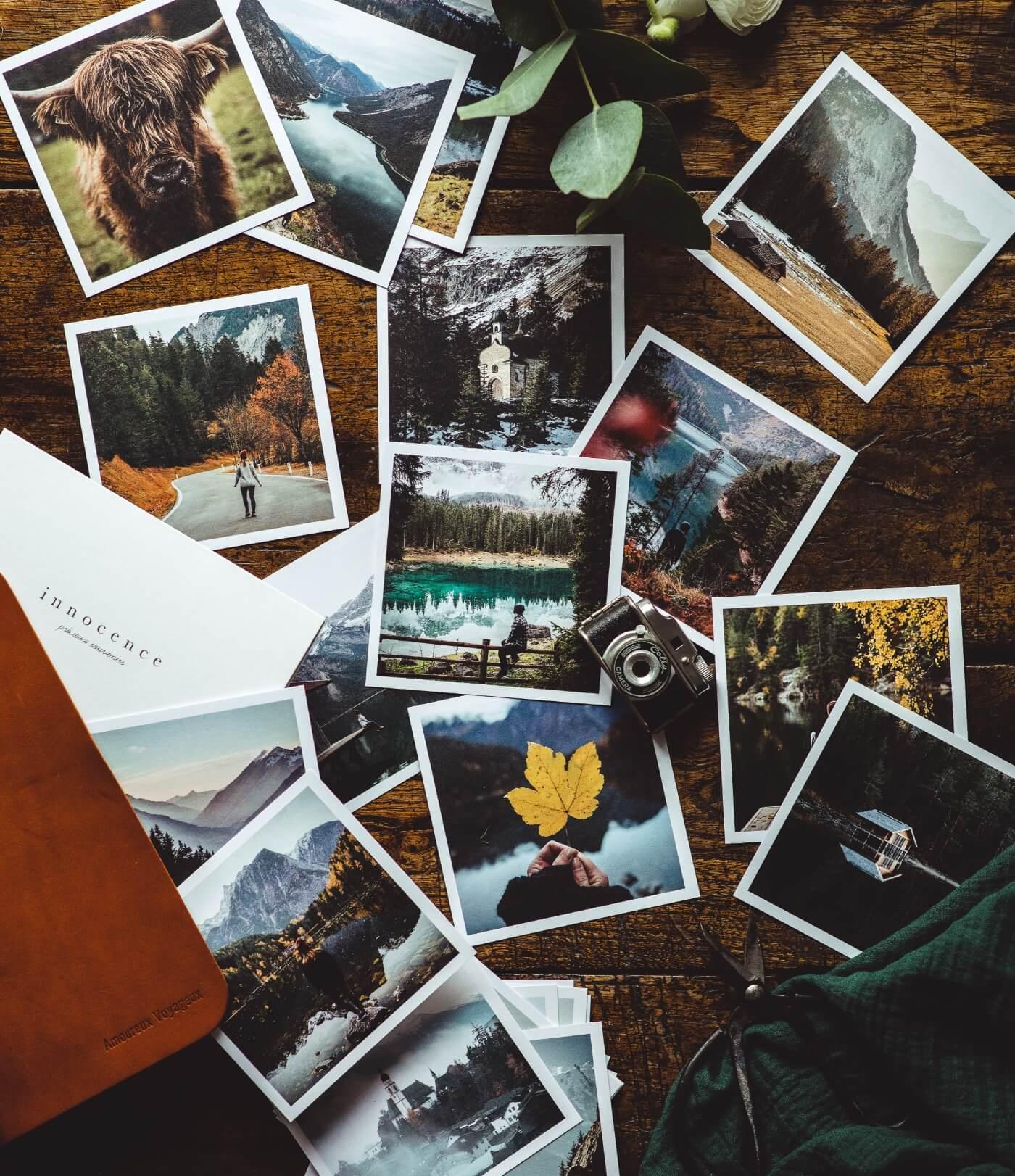 Polaroids, Fotos, Reisen, Herbstblatt, Holztisch, Full HD, iPad-Hintergrundbild