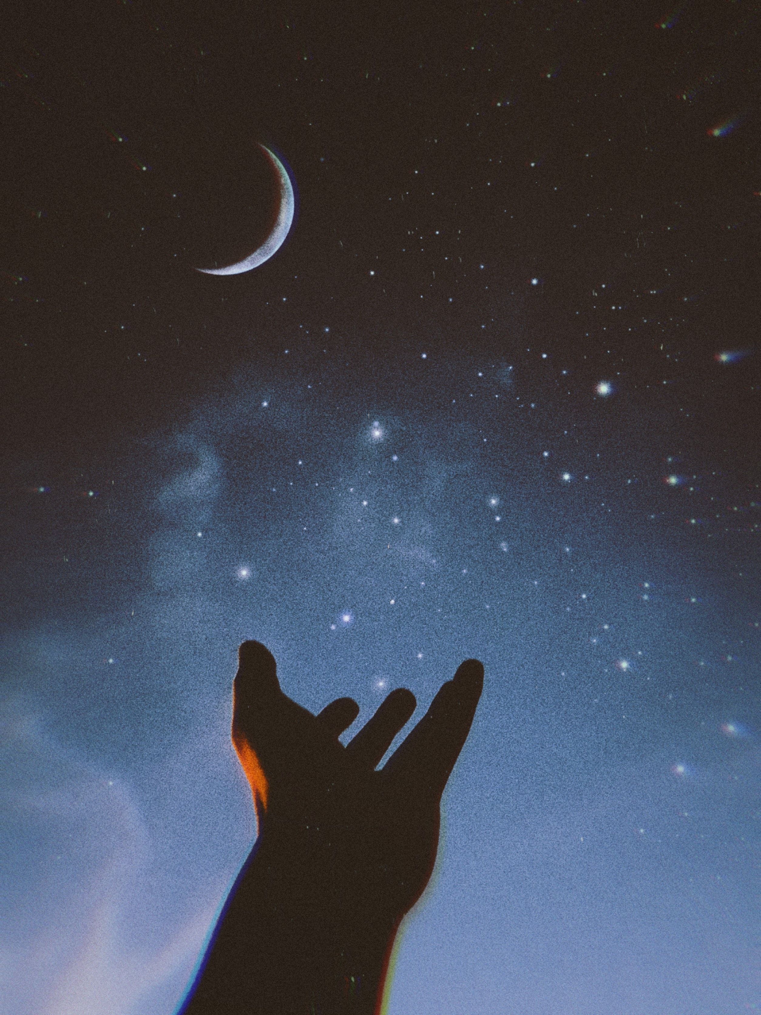 Hand, Mondsichel, Sternenhimmel, Silhouette, QHD+, iPad-Hintergrundbild