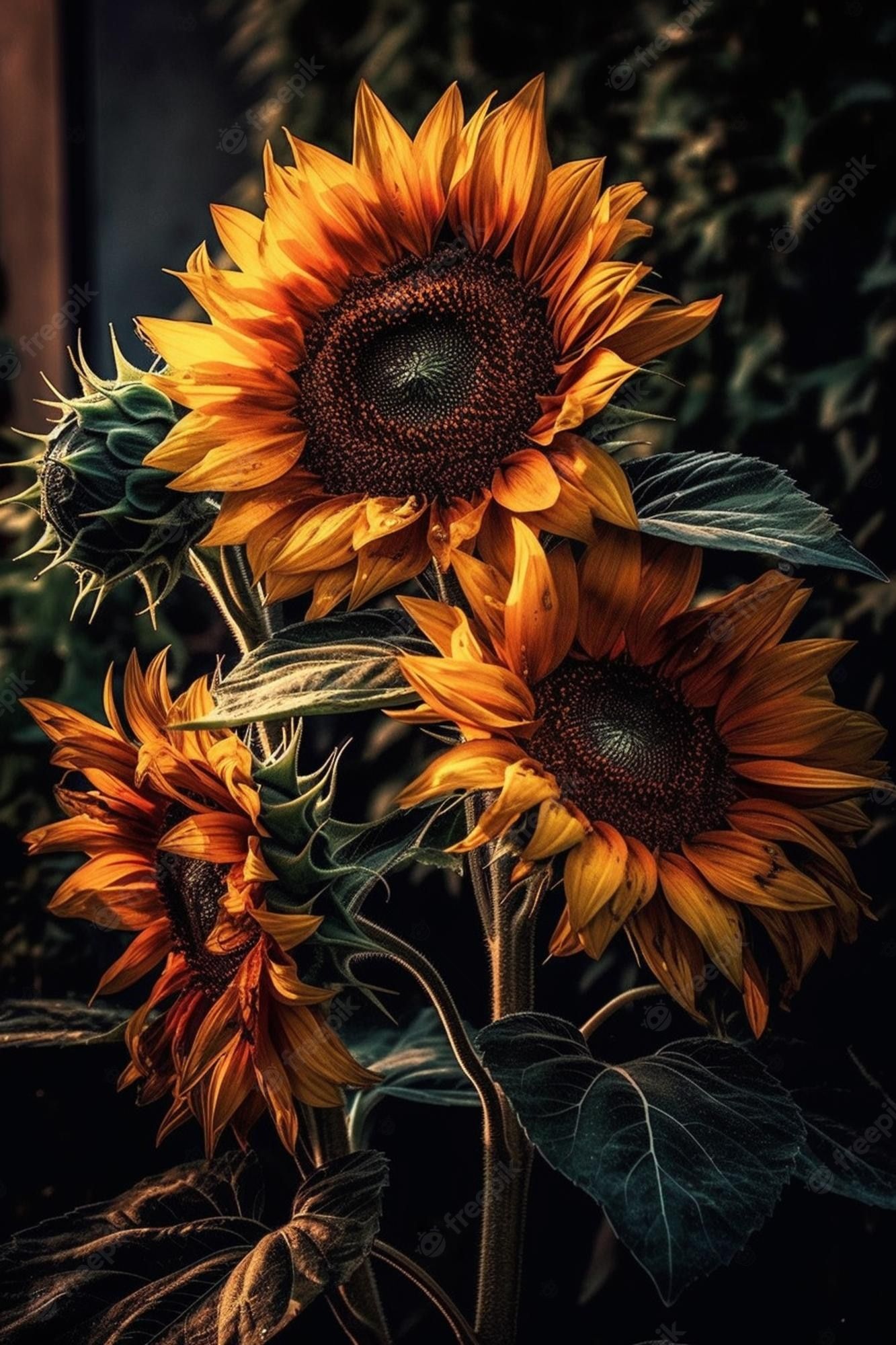 Sonnenblumen, Dunkel, Blumen, Gelb, Stimmung, Full HD, Handy-Hintergrund im Hochformat