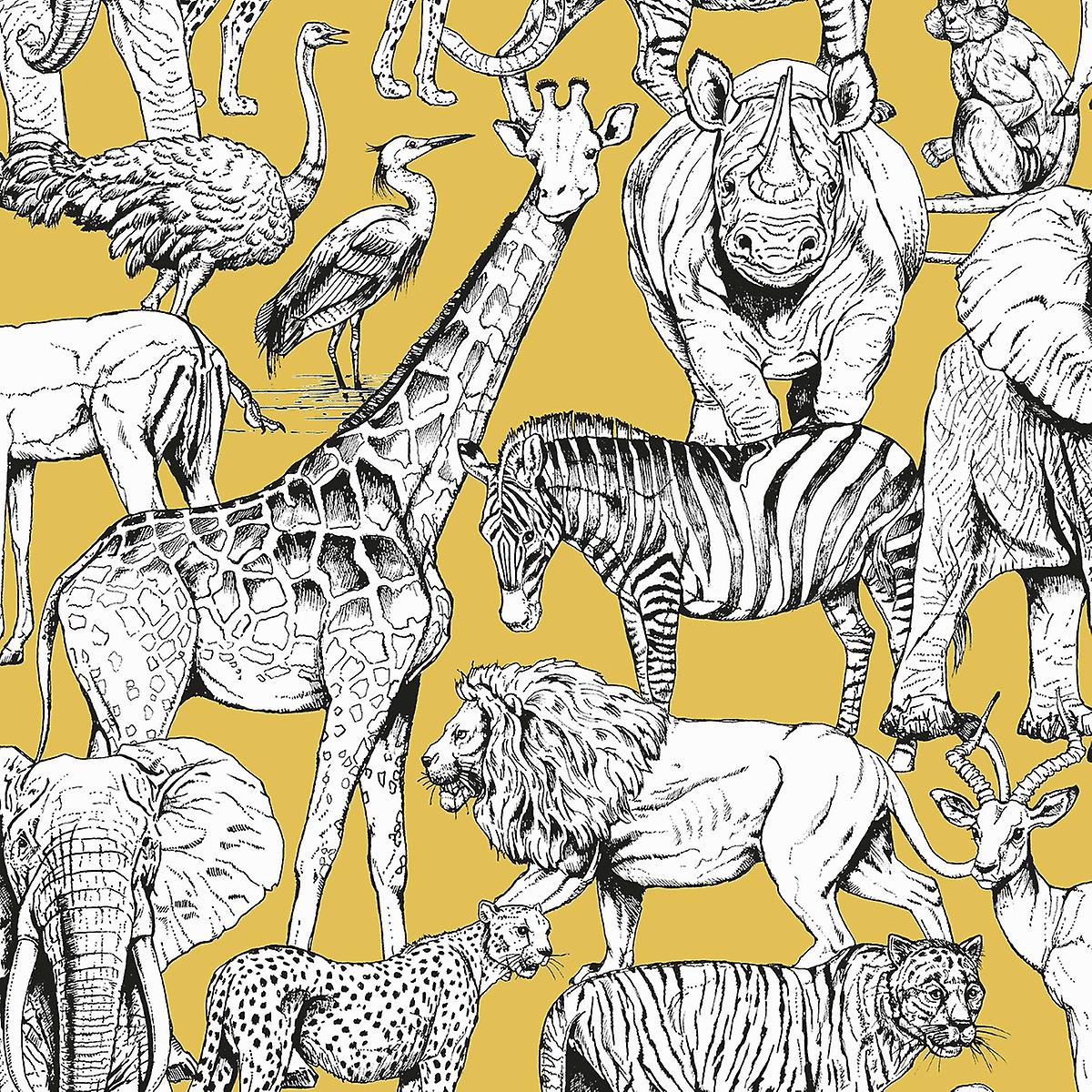 Wildtiere, Strichzeichnung, Giraffe, Zebra, Elefant, Senfgelb, Hintergrundbild fürs Tablet