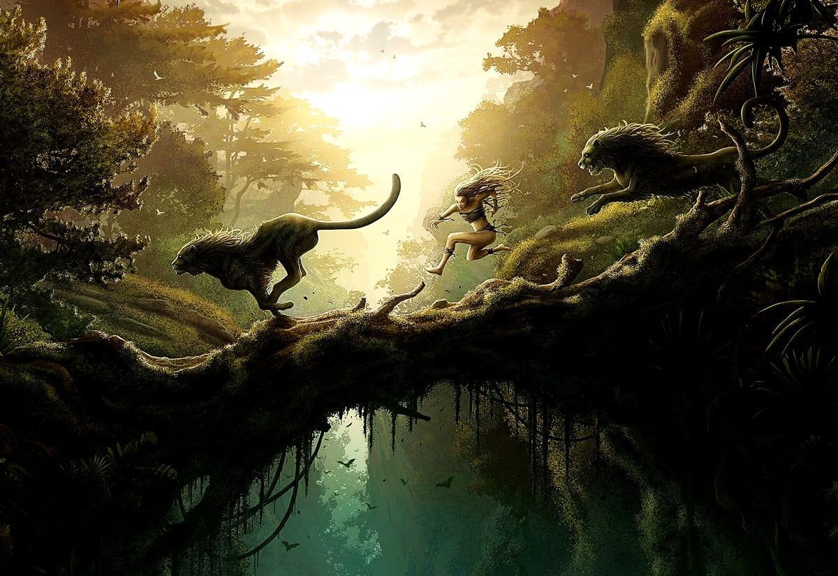Dschungel, Panther, Junge, Baumstamm, Fantasy, Hintergrundbild