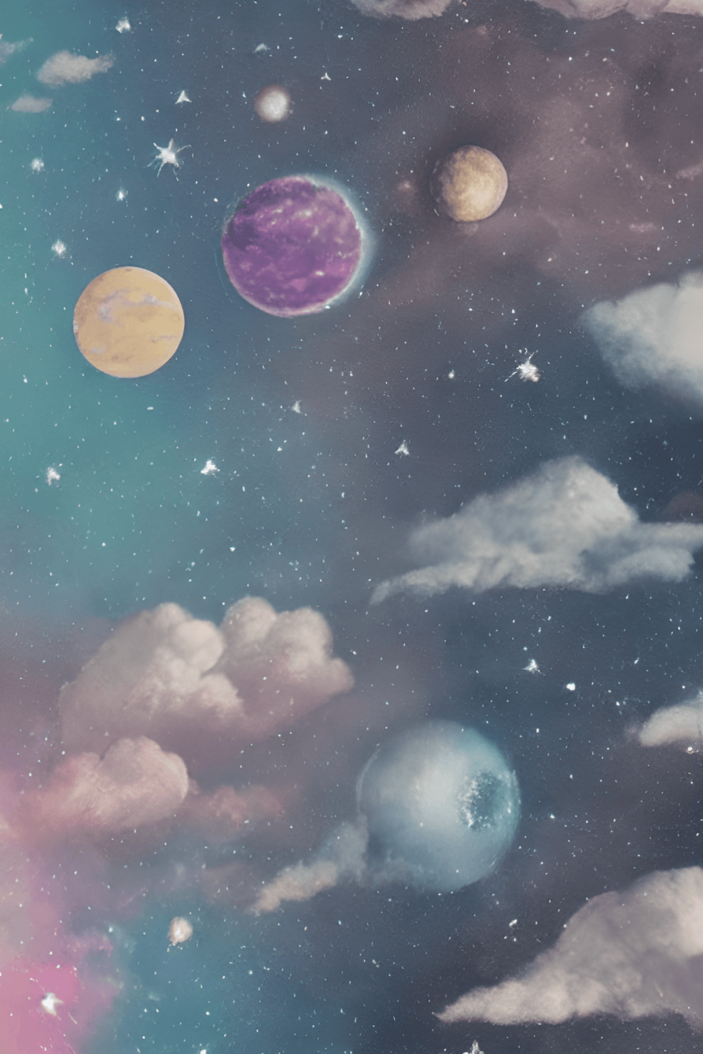 Planeten, Wolken, Pastell, Collage, HD, Handy-Hintergrund im Hochformat