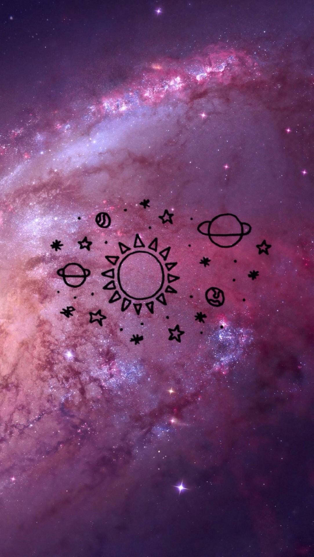 Galaxie, Sonnensystem, Linienzeichnung, Magenta, Full HD, Hintergrundbild fürs Handy