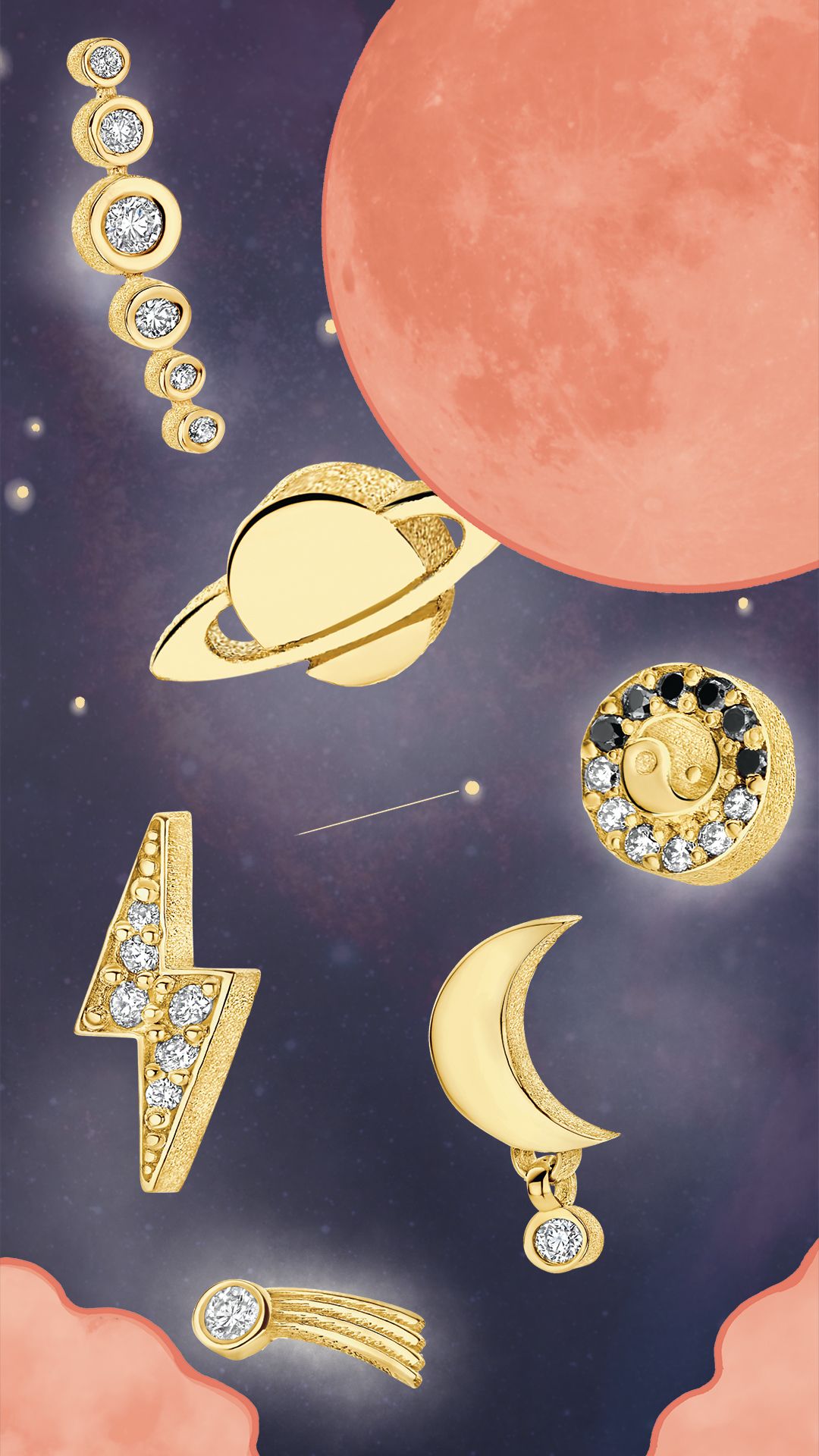 Ohrstecker, Schmuck, Saturn, Mondsichel, Gold, Full HD, Handy-Hintergrund im Hochformat