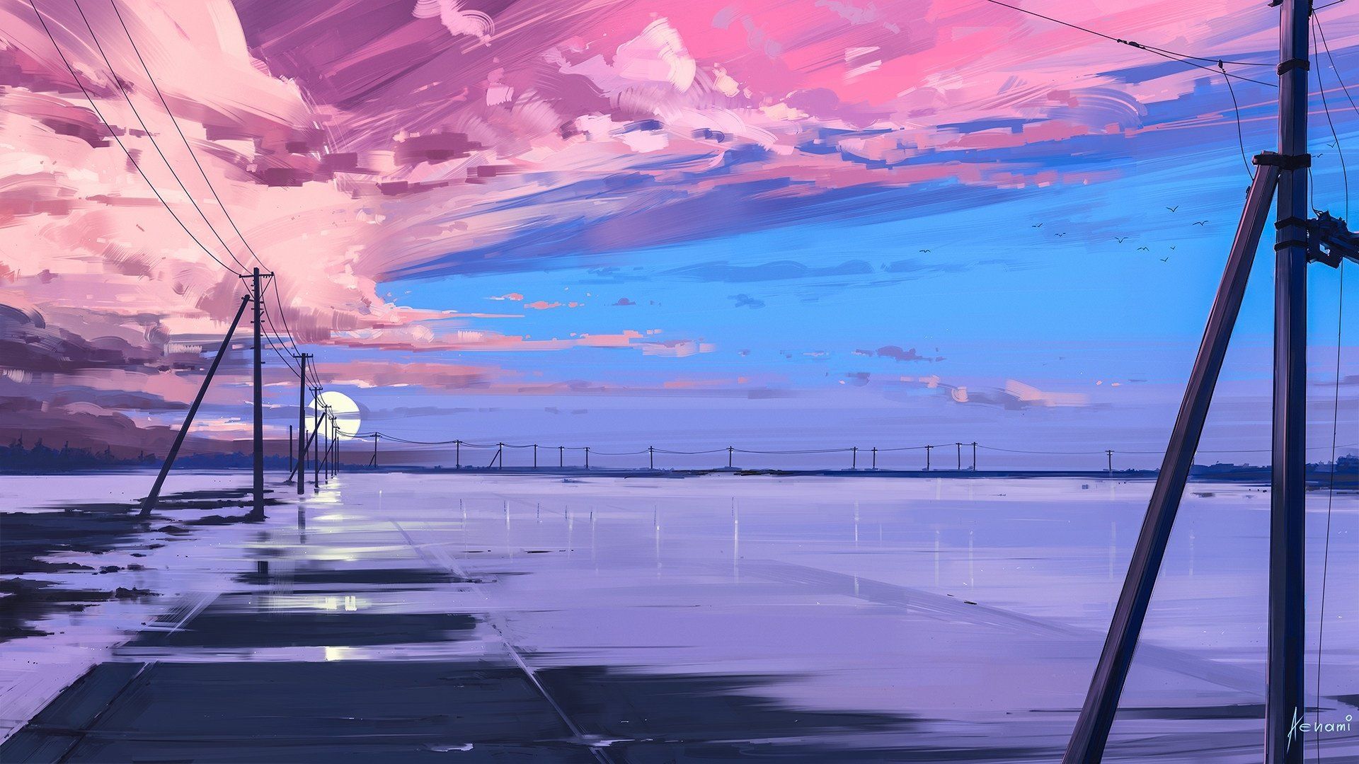 Überflutete Straße, Strommasten, Wolken, Rosa, Anime-Stil, Full-HD-Hintergrundbild für PC