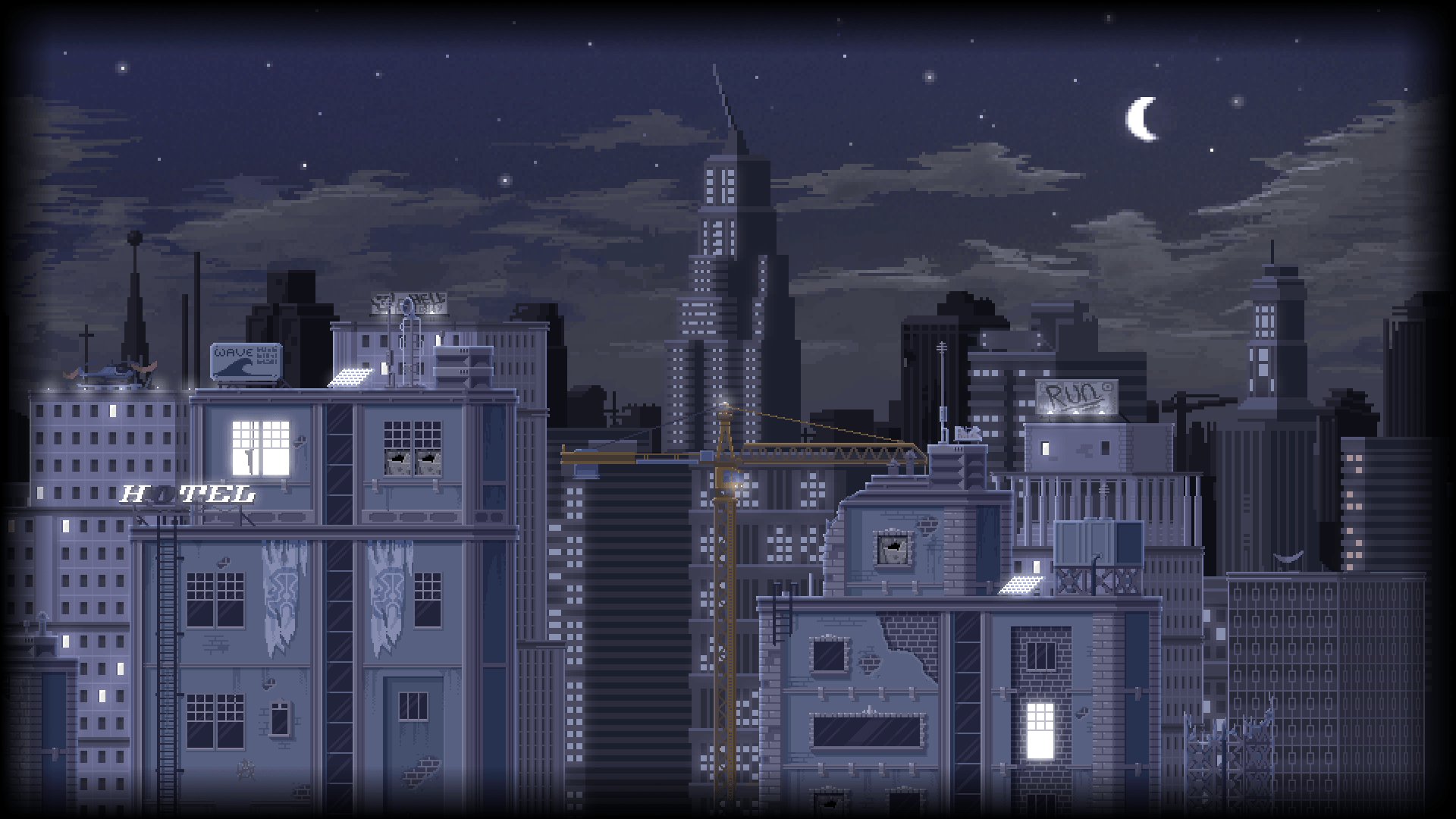 Pixel-Art, Stadt, Nacht, Mondsichel, Wolkenkratzer, Full HD, Desktop-Hintergrund für Windows