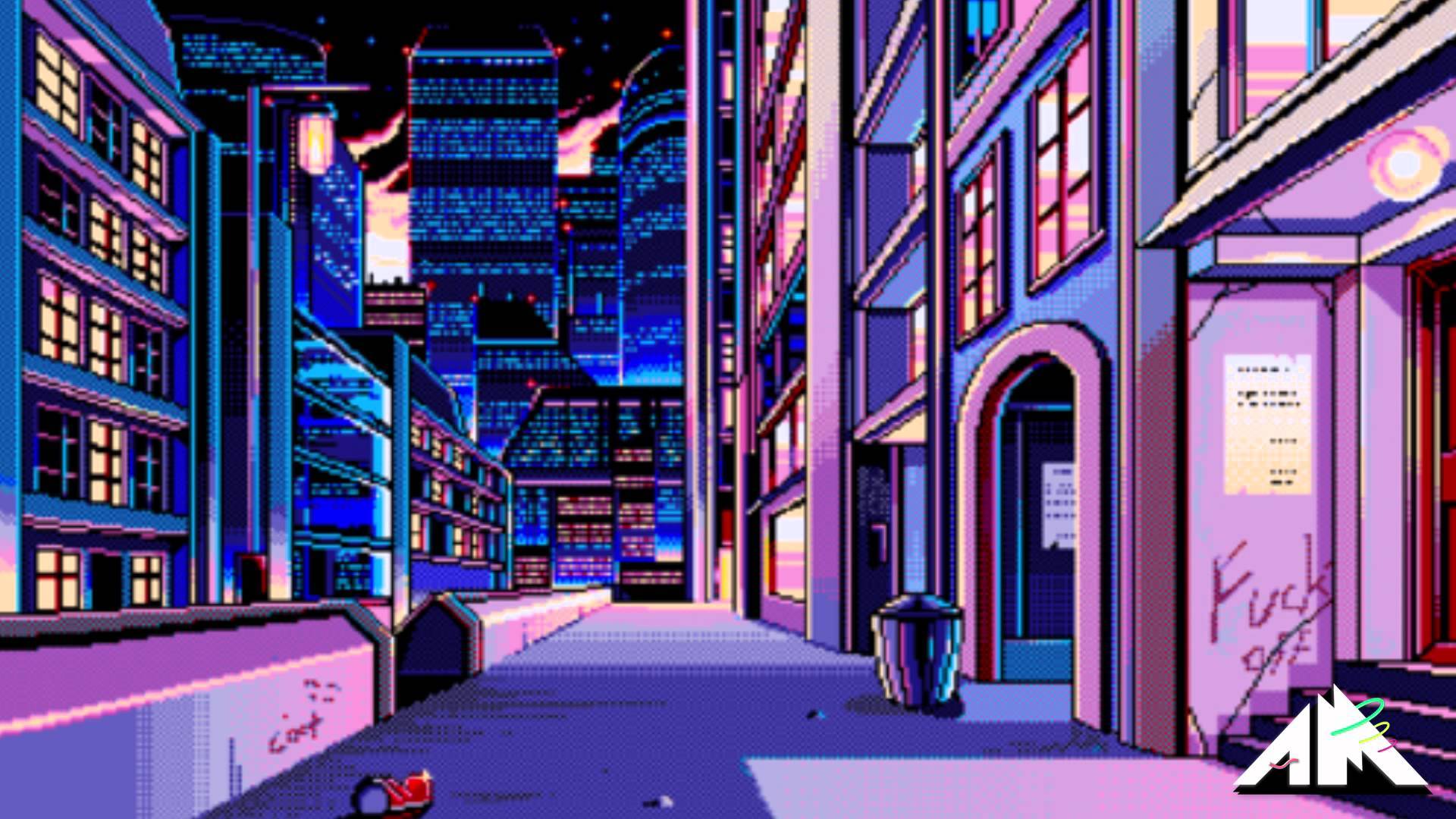 Pixel-Art, Straße, Gebäude, Nacht, Lila Blau, 16:9, Full-HD-Hintergrundbild für den Desktop