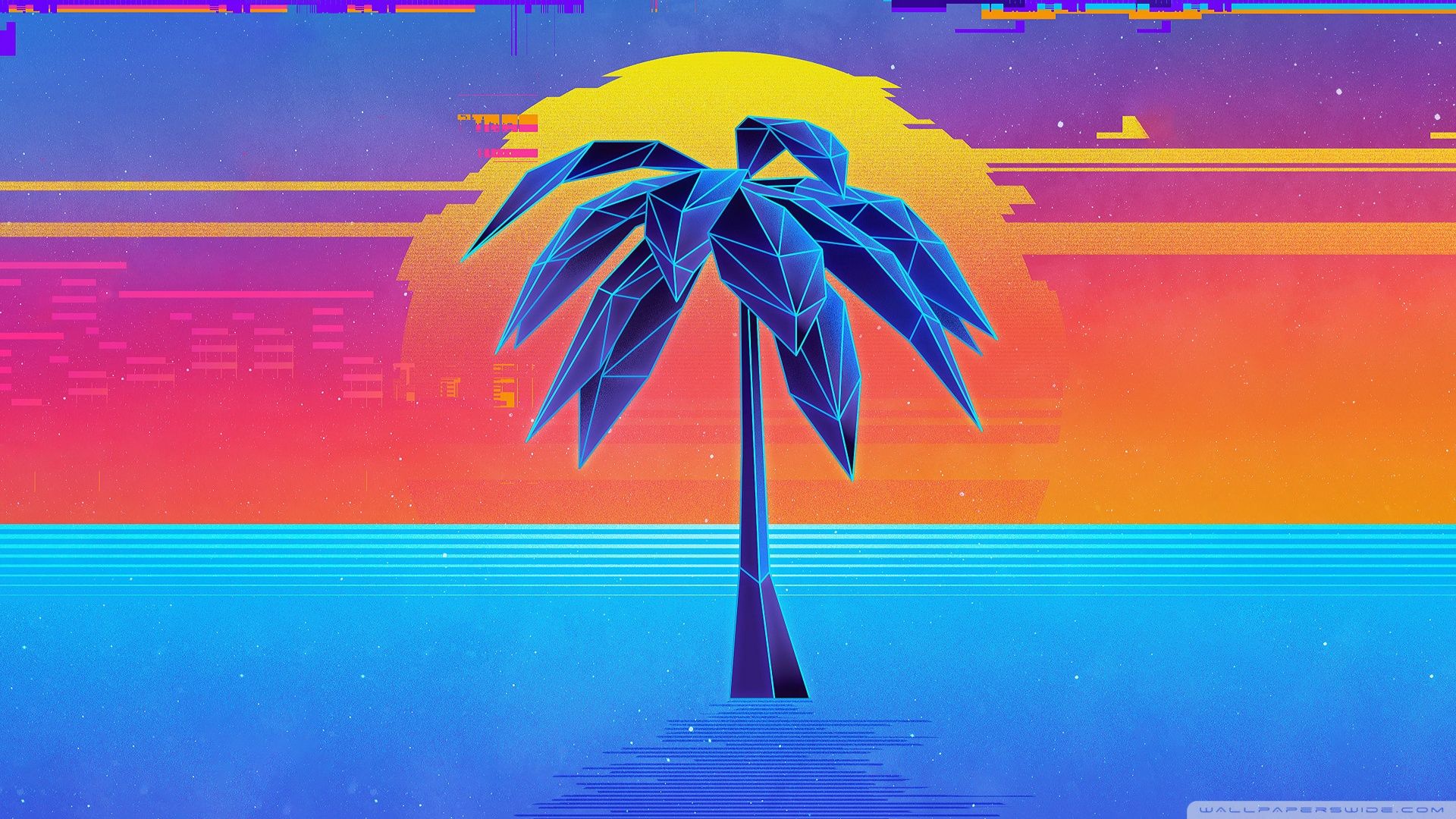 Palme, Sonne, Vaporwave, Retro, Bunt, 16:9, Full-HD-Hintergrundbild für den Desktop