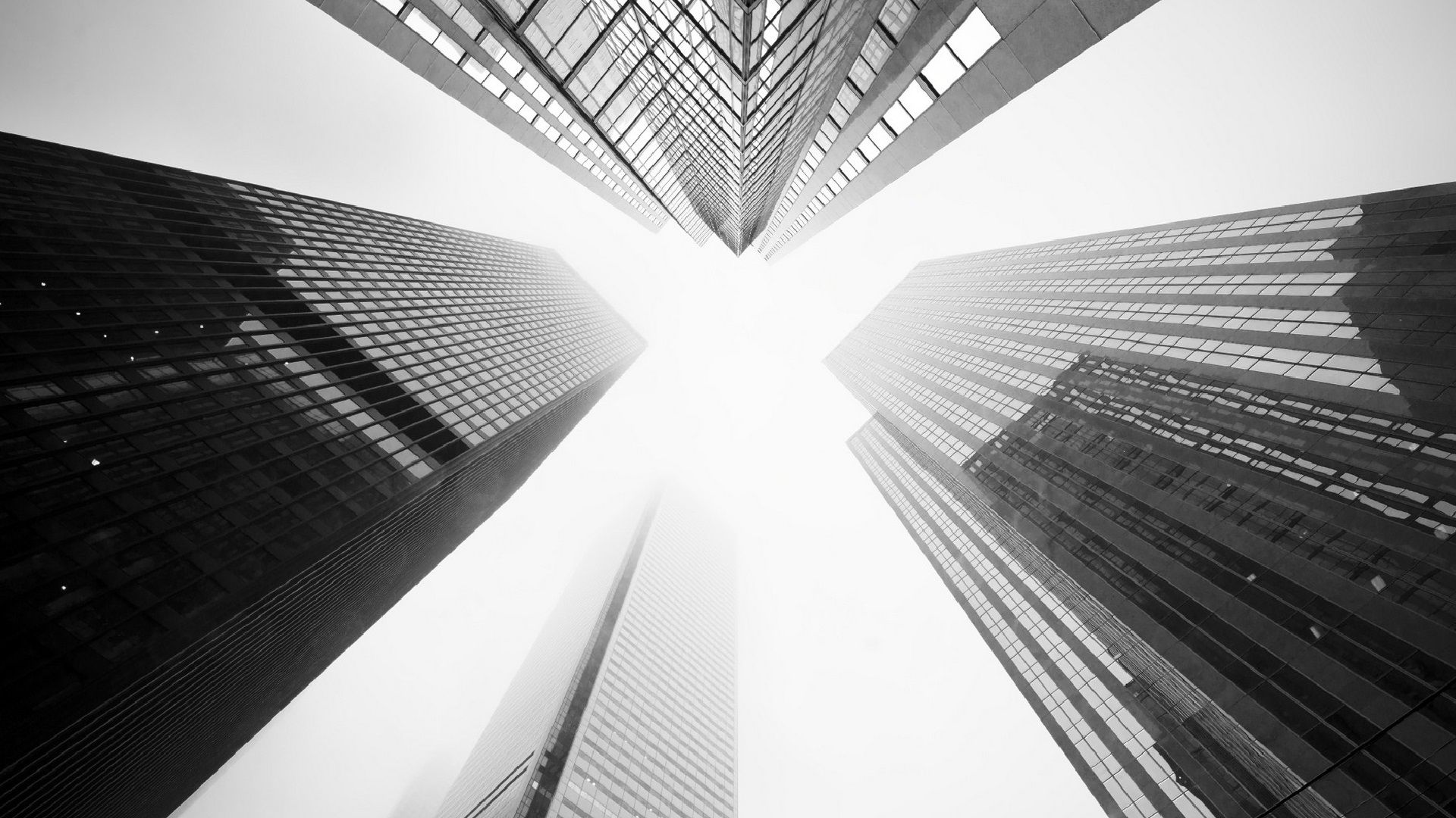 Wolkenkratzer, Froschperspektive, Schwarz-Weiß, Architektur, Hochhäuser, Full HD, Laptop-Hintergrundbild