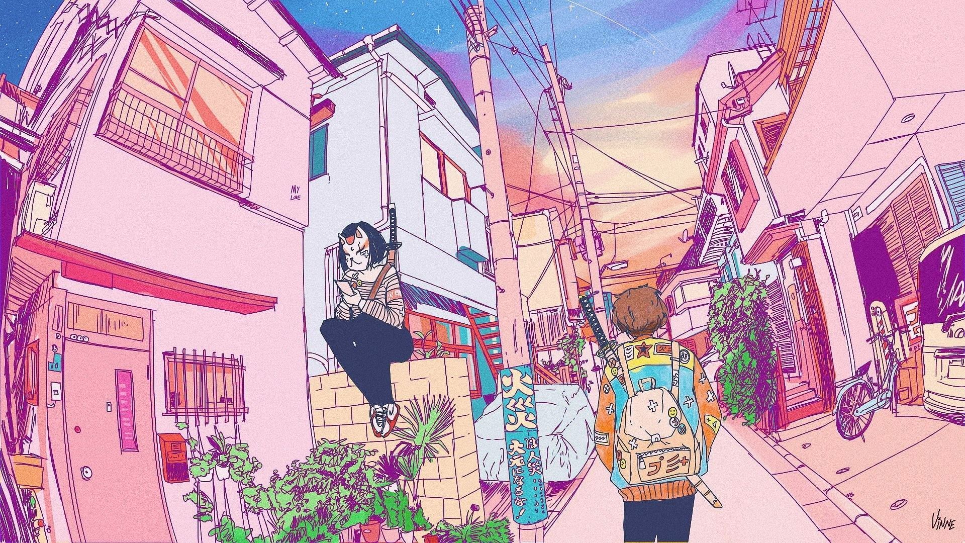 Japanische Gasse, Anime-Mädchen, Rosa, Illustration, Häuser, 1920x1080, PC-Hintergrundbild