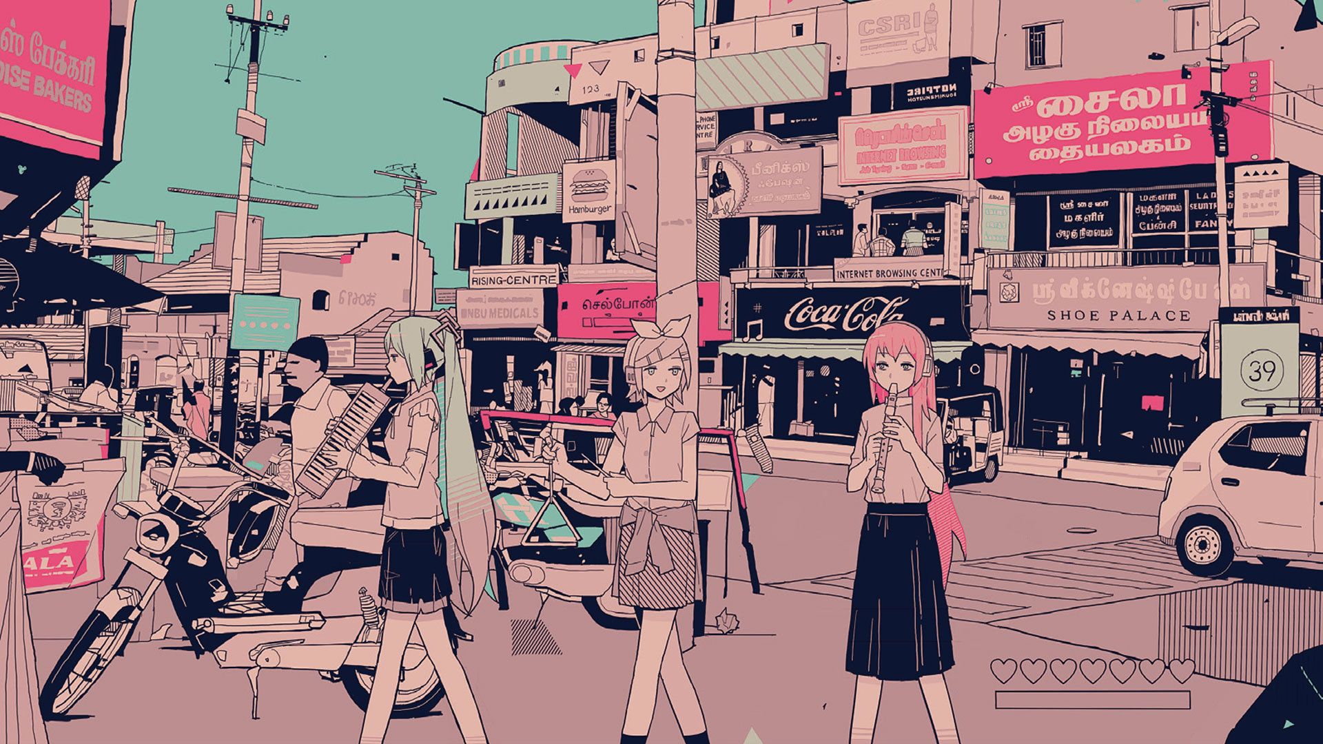 Anime-Mädchen, Straße, Stadt, Illustration, Pastell, Full HD 1080p, Desktop-Hintergrundbild