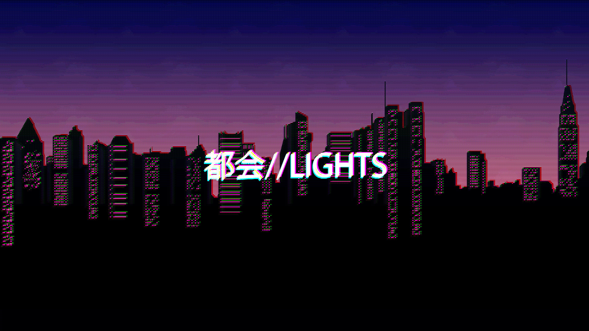 Skyline, Lights, Japanische Schrift, Lila, Nacht, Silhouette, Full HD, Breitbild-Hintergrundbild