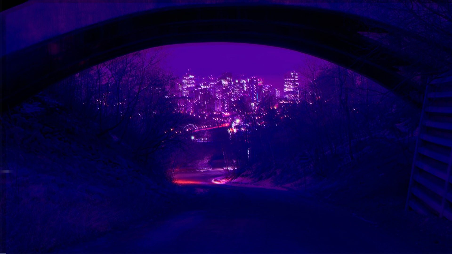 Brückenbogen, Stadt, Nacht, Lila, Dunkel, Full HD, Desktop-Hintergrund für Windows