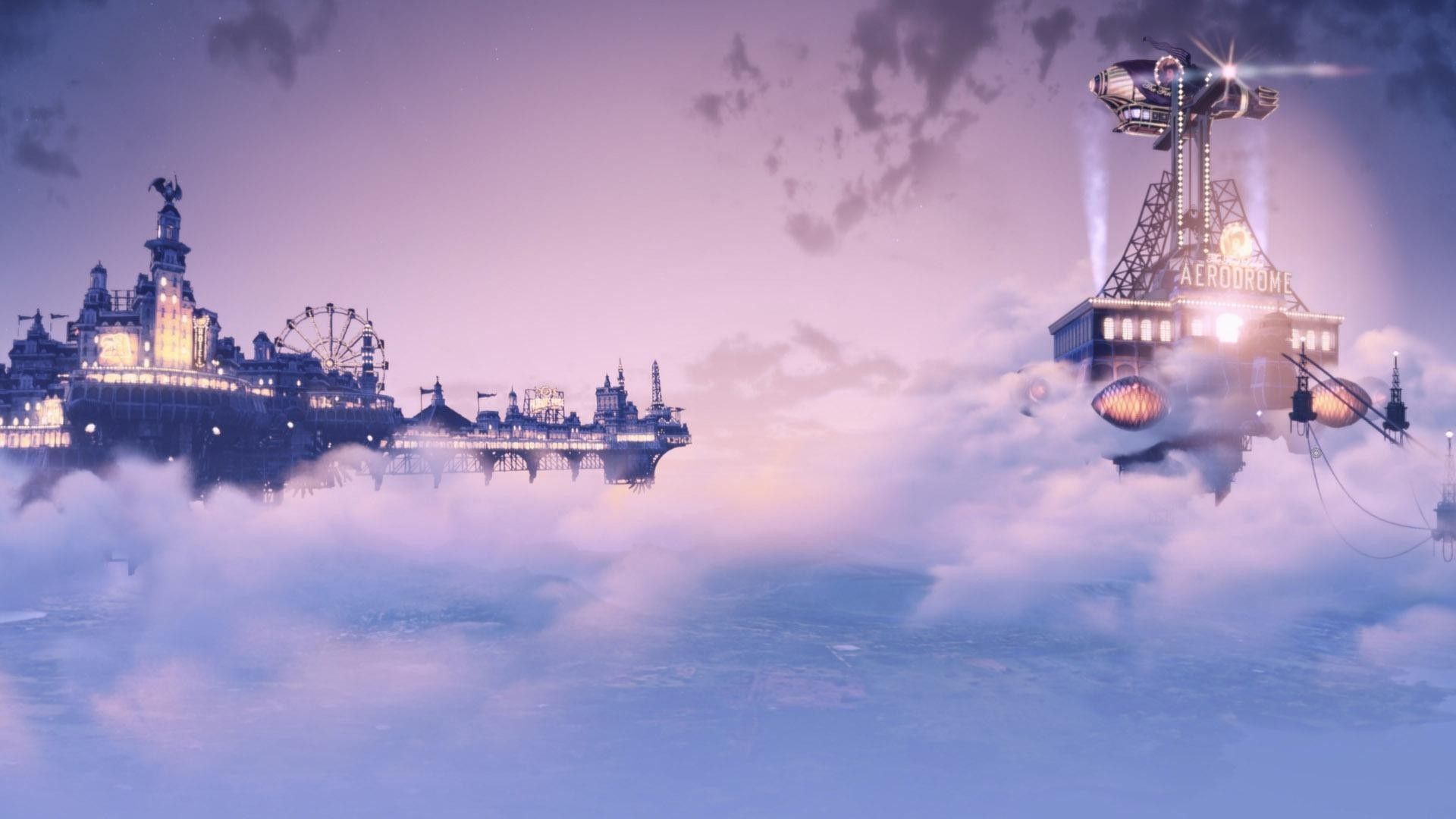 Schwebende Stadt, Luftschiff, Wolken, Fantasy, Steampunk, 1920x1080, PC-Hintergrundbild