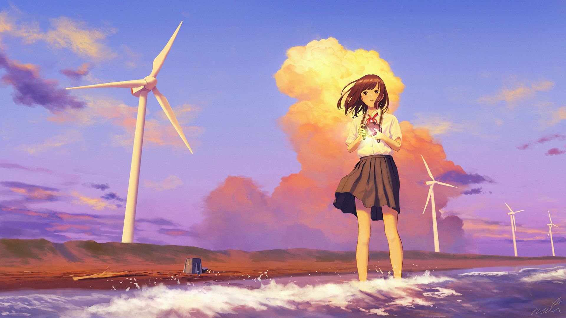 Anime-Mädchen, Windräder, Wolken, Strand, Sommer, 16:9, Full-HD-Hintergrundbild für den Desktop