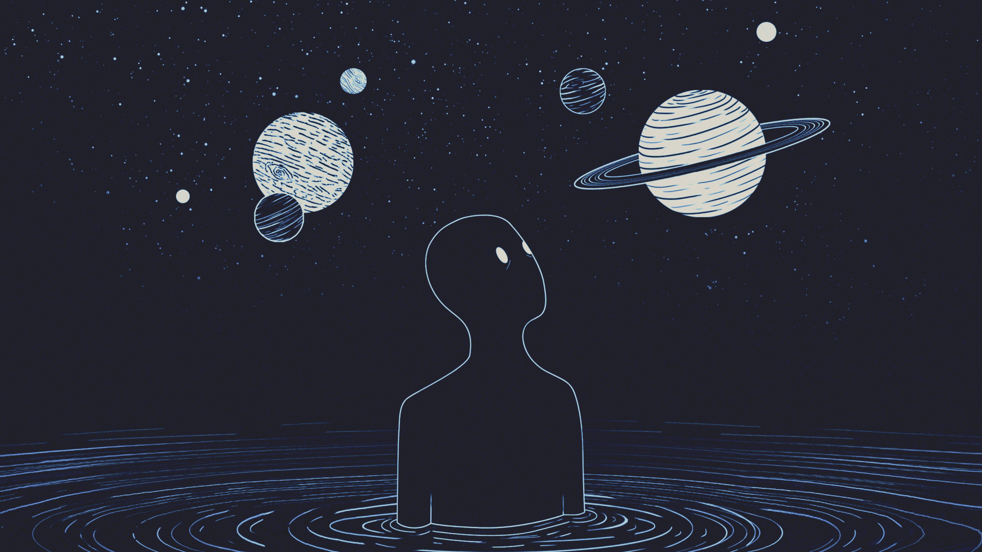 Planeten, Silhouette, Wasser, Weltraum, Minimalistisch, Dunkel, Full-HD-Hintergrundbild für PC