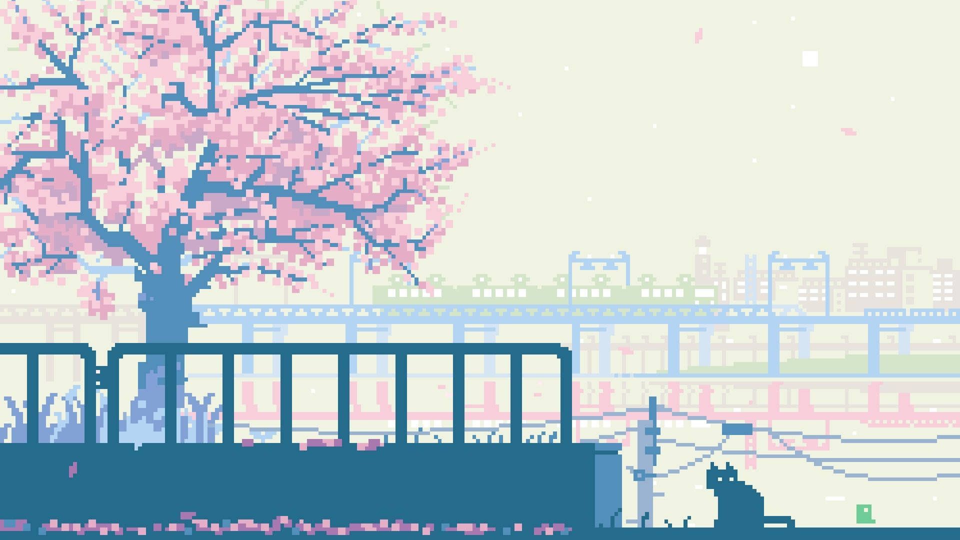 Kirschbaum, Pixel-Art, Katze, Stadt, Pastell, Full HD 1080p, Desktop-Hintergrundbild