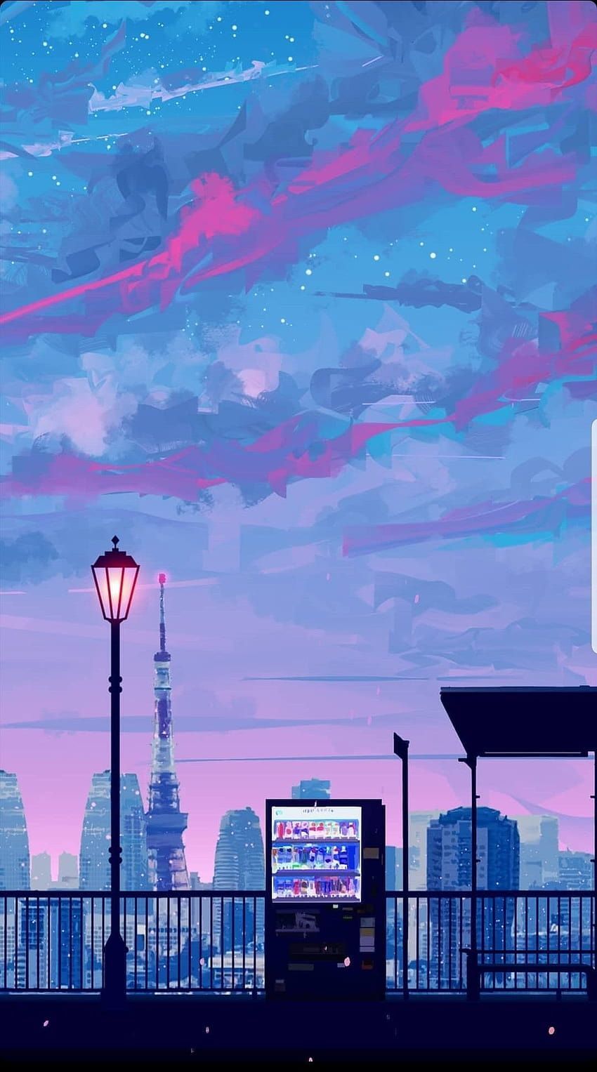 Skyline, Straßenlaterne, Rosa Wolken, Lila Himmel, Abenddämmerung, HD, Handy-Hintergrundbild