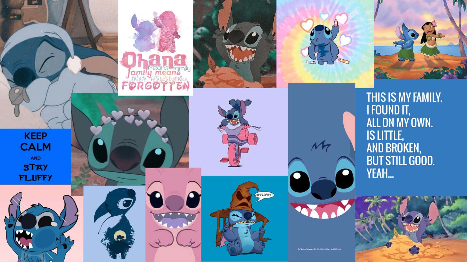 Stitch, Lilo & Stitch, Collage, Ohana, Zitate, Bunt, 1920x1080, Full-HD-Hintergrundbild für PC