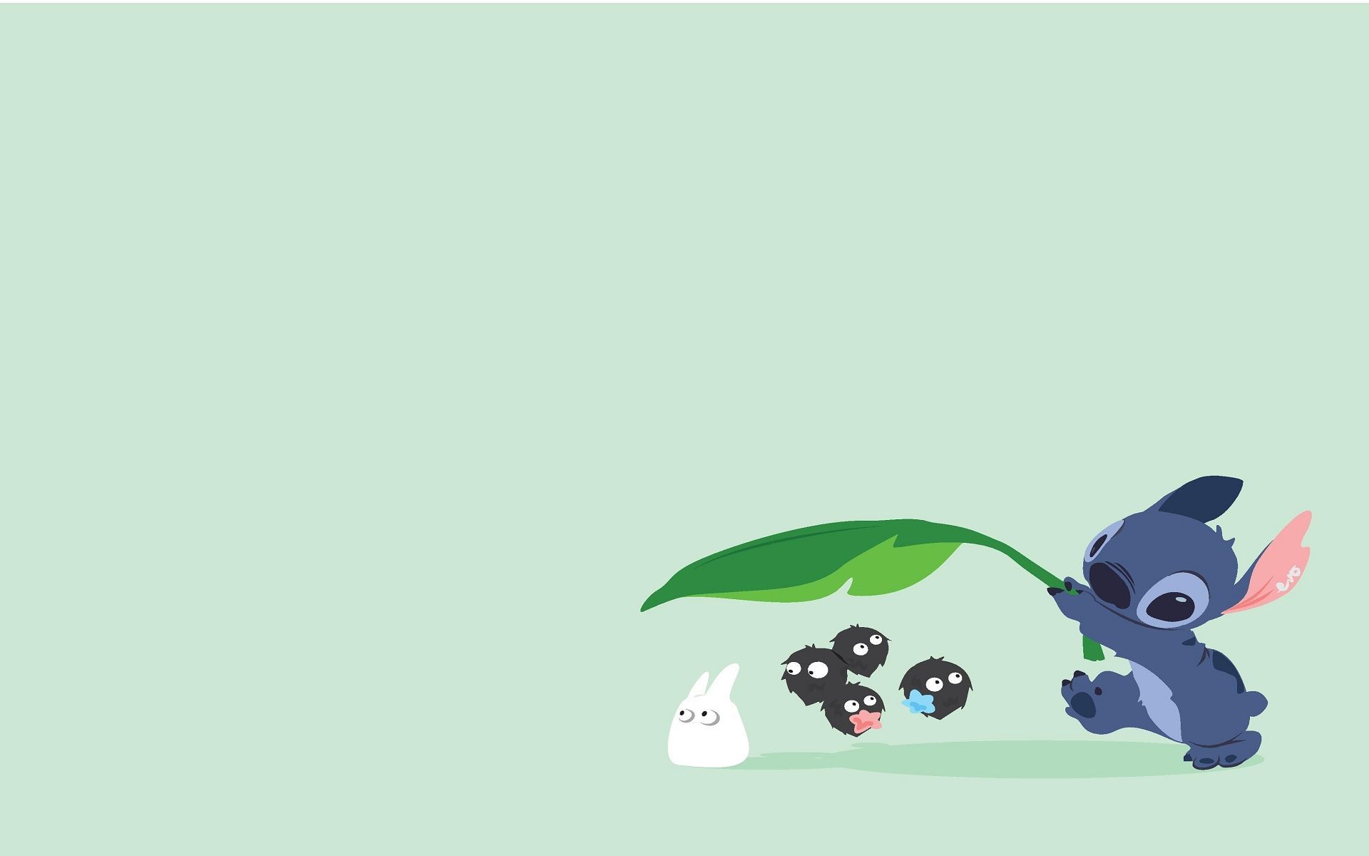 Stitch, Totoro, Mein Nachbar Totoro, Blatt, Rußmännchen, Mintgrün, Full HD, Laptop-Hintergrundbild