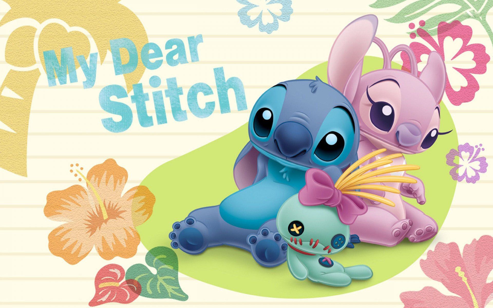 Stitch, Angel, Scrump, My Dear Stitch, Hibiskus, Pastell, Full HD, Desktop-Hintergrund