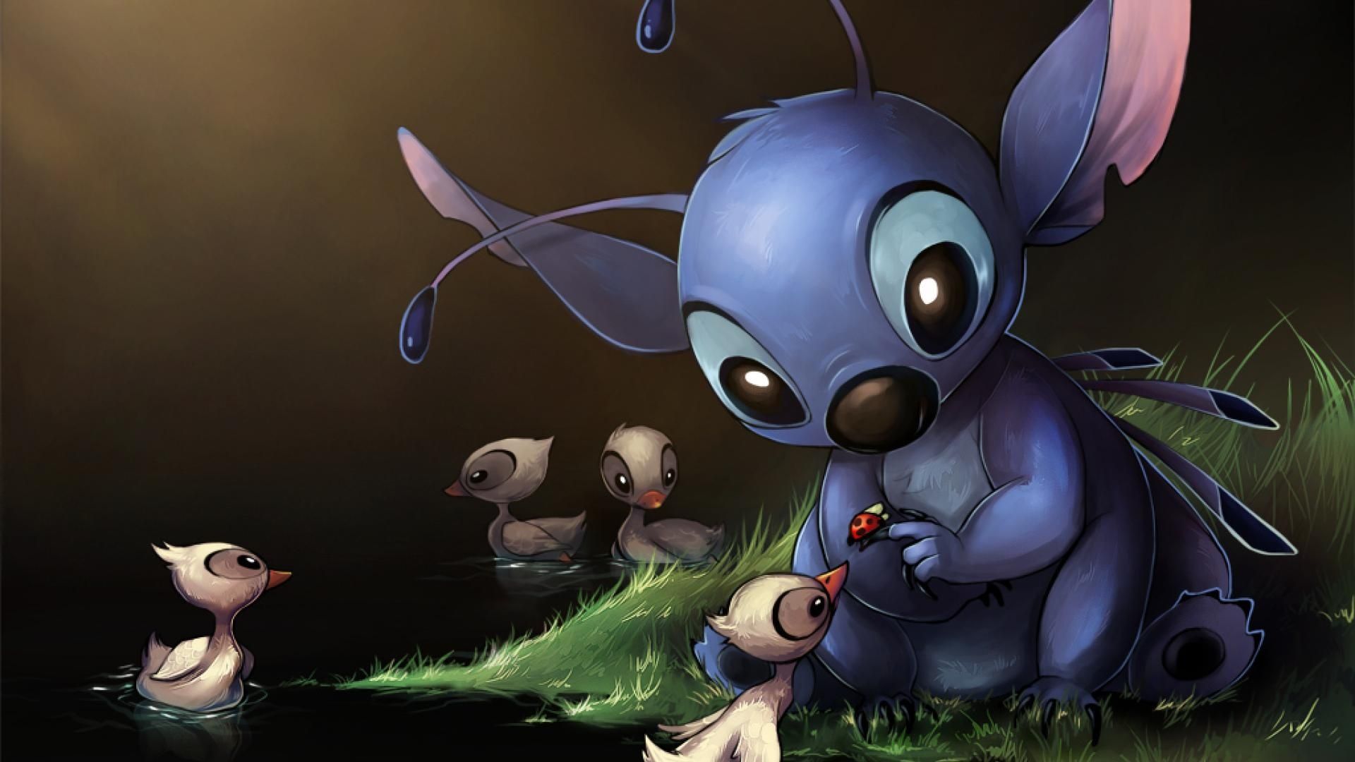 Stitch, Entenküken, Teich, Nacht, Lilo & Stitch, Full HD 1080p, Desktop-Hintergrundbild