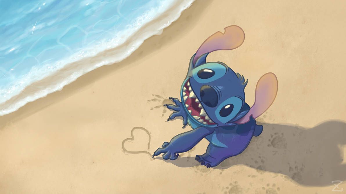 Stitch, Strand, Sand, Herz, Meer, Wellen, Hintergrundbild